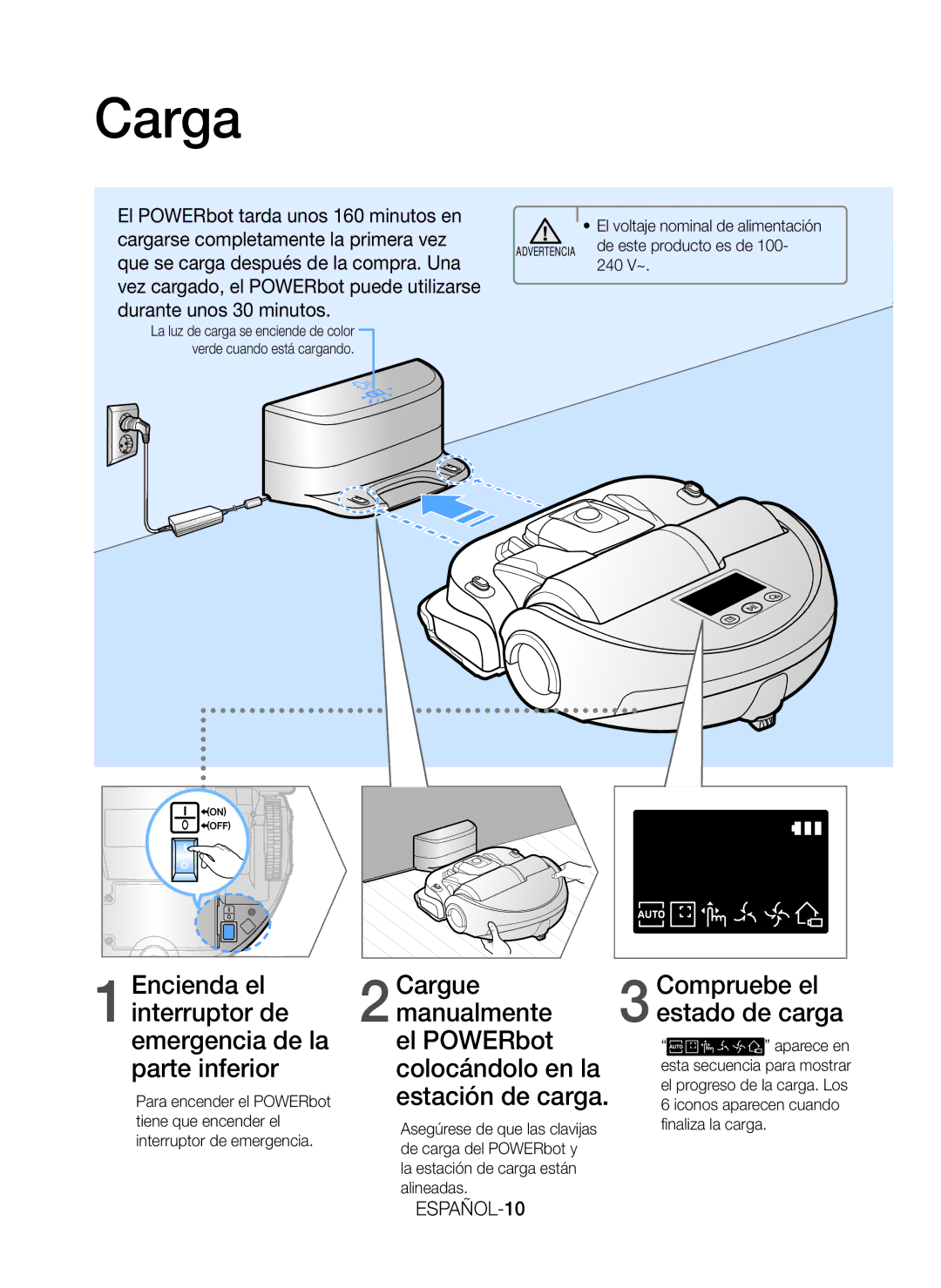 Samsung VR20J9020UR/ET, VR20J9020UG/GE manual Carga, ESPAÑOL-10, El voltaje nominal de alimentación 