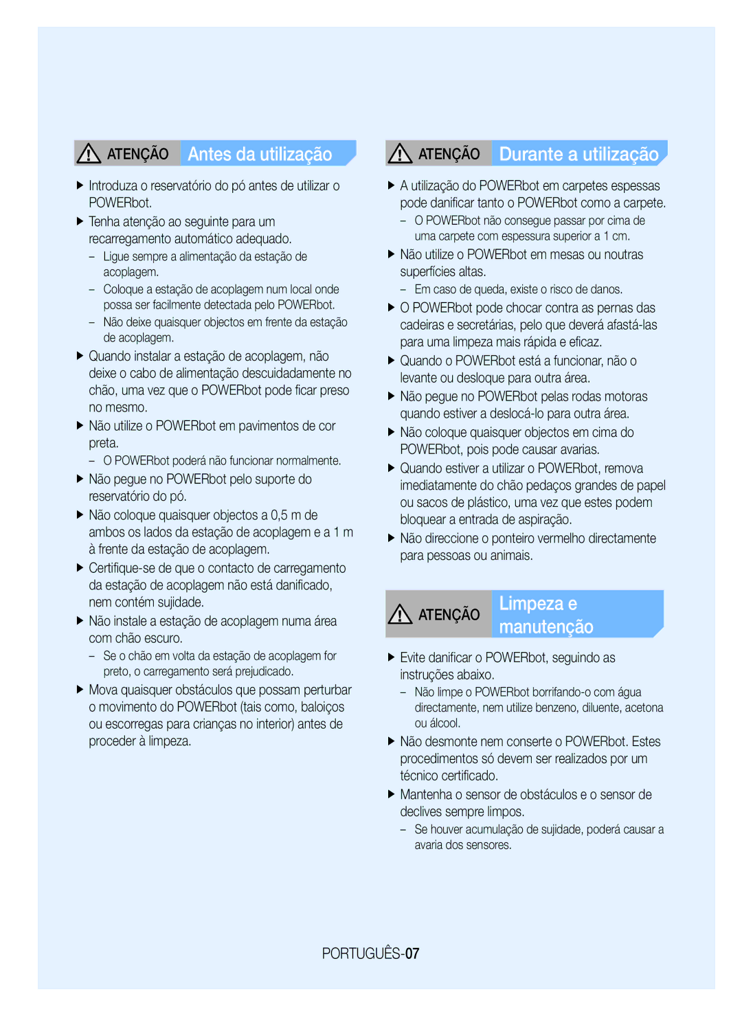 Samsung VR20J9020UG/GE, VR20J9020UR/ET manual Atenção Antes da utilização, Atenção Durante a utilização, PORTUGUÊS-07 