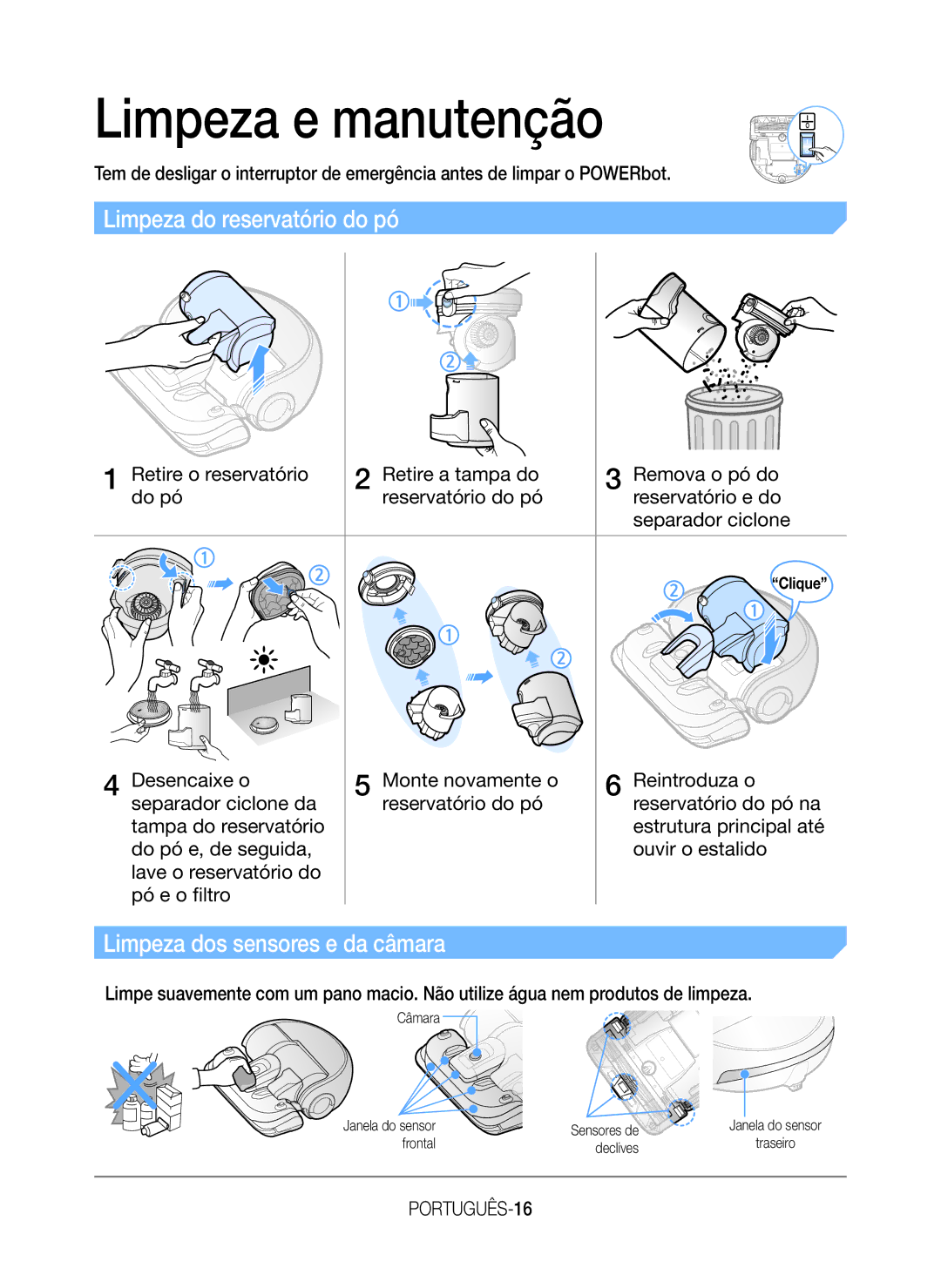 Samsung VR20J9020UR/ET Limpeza e manutenção, Limpeza do reservatório do pó, Limpeza dos sensores e da câmara, PORTUGUÊS-16 