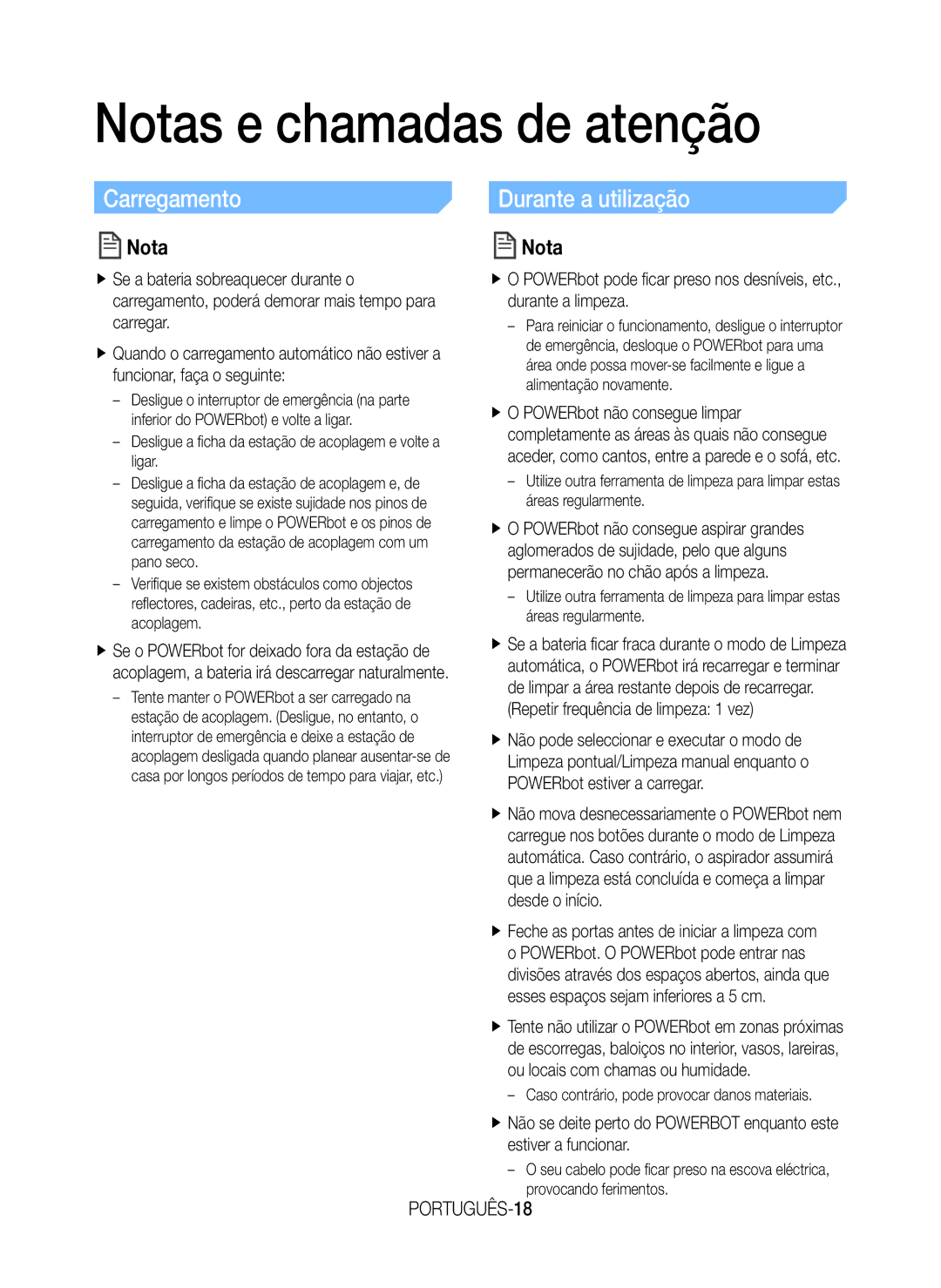 Samsung VR20J9020UR/ET, VR20J9020UG/GE manual Notas e chamadas de atenção, Carregamento, Durante a utilização, PORTUGUÊS-18 