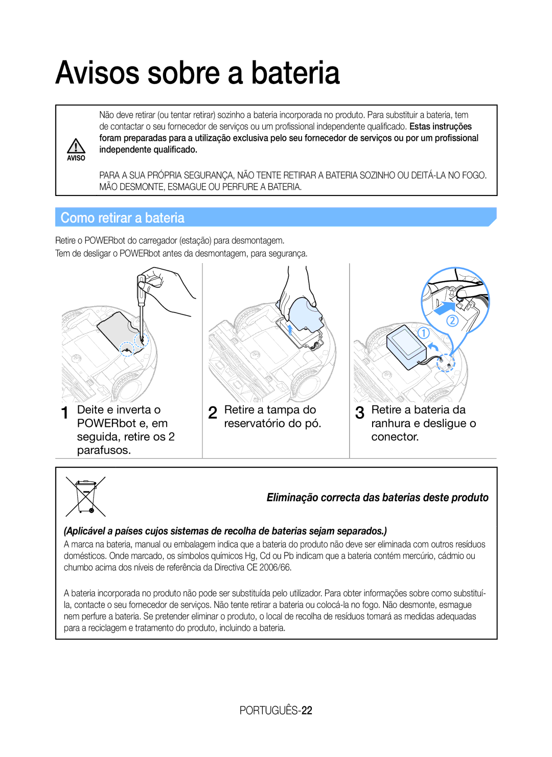 Samsung VR20J9020UR/ET, VR20J9020UG/GE manual Avisos sobre a bateria, Como retirar a bateria, PORTUGUÊS-22 