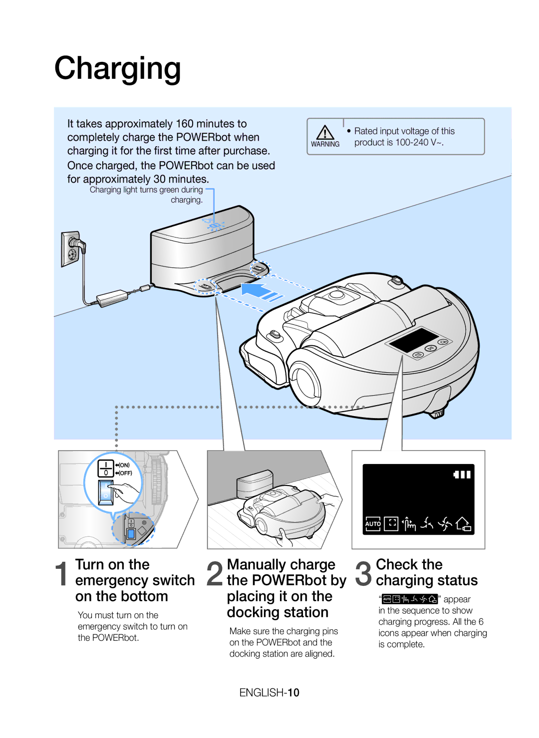 Samsung VR20J9020UR/ML manual Charging, 1Turn on the emergency switch on the bottom 