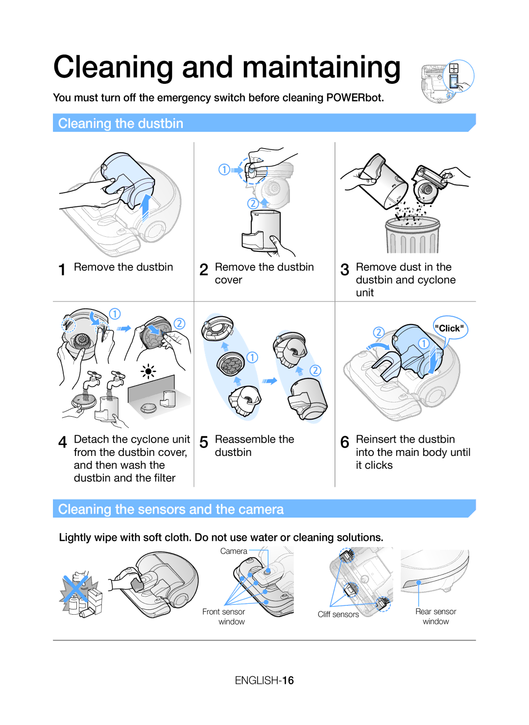 Samsung VR20J9020UR/ML manual Cleaning and maintaining, Cleaning the dustbin, Cleaning the sensors and the camera 