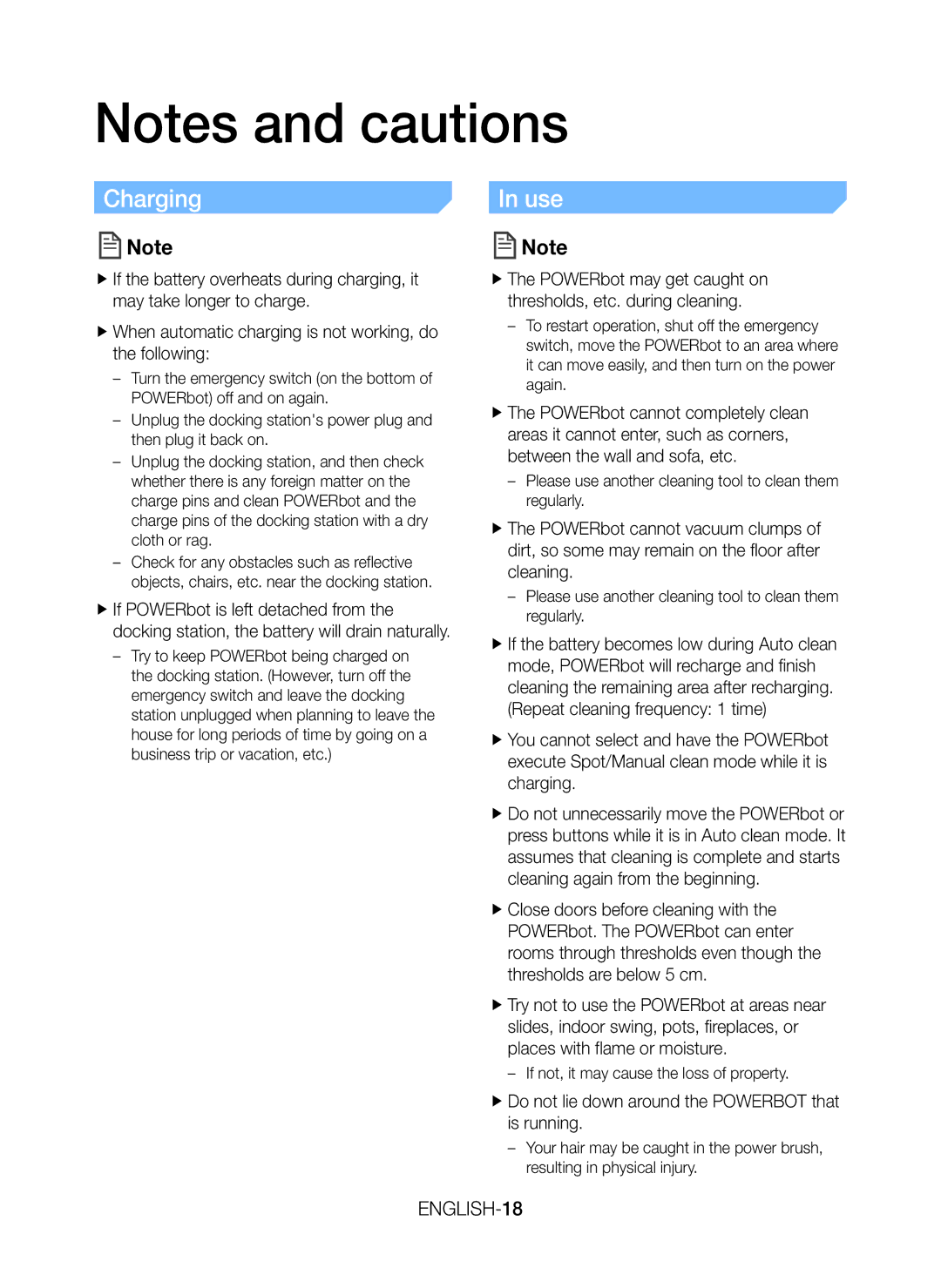 Samsung VR20J9020UR/ML manual Charging Use, FfDo not lie down around the Powerbot that is running 