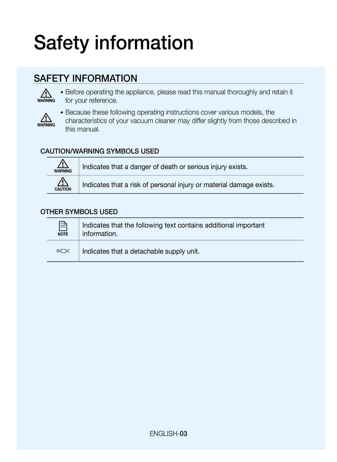 Samsung VR20J9020UR/ML manual Safety information, Indicates that a danger of death or serious injury exists 