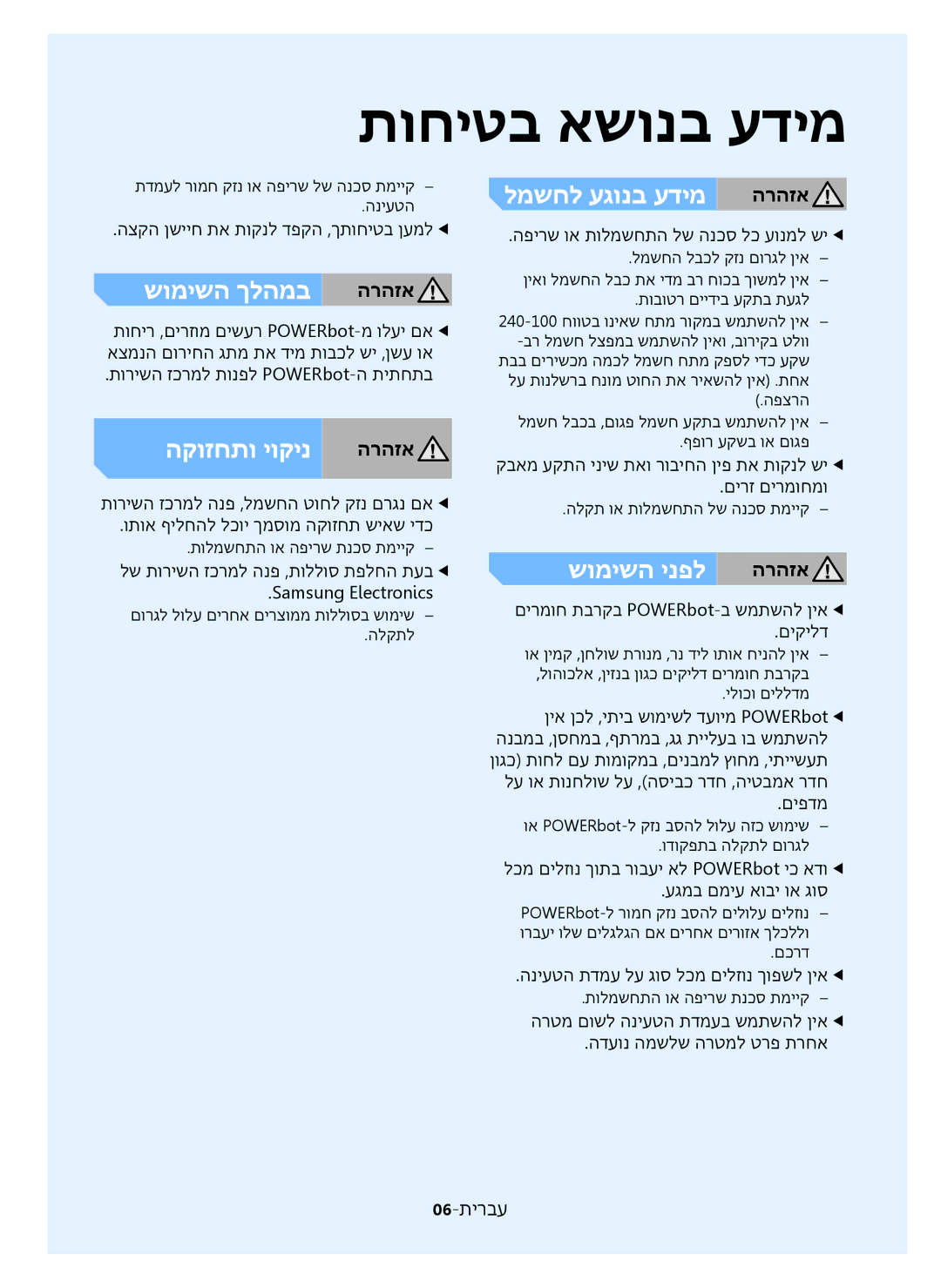 Samsung VR20J9020UR/ML manual תוחיטב אשונב עדימ, למשחל עגונב עדימ הרהזא 