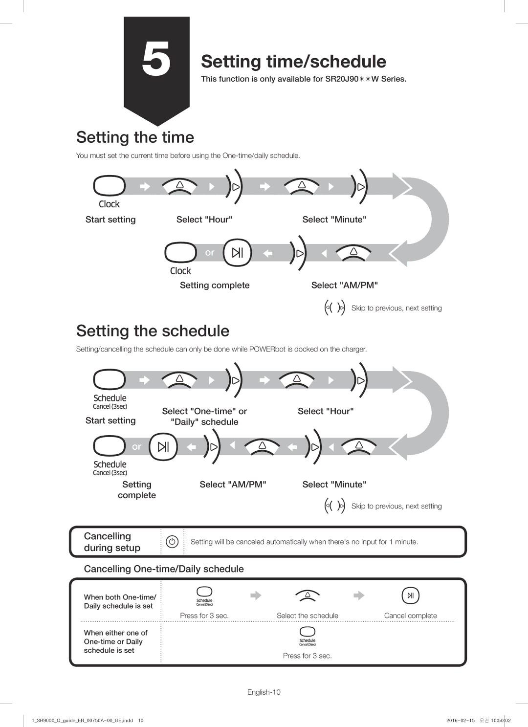 Samsung VR20J9040WG/GE manual Setting time/schedule, Setting the time, Setting the schedule, Cancelling during setup 