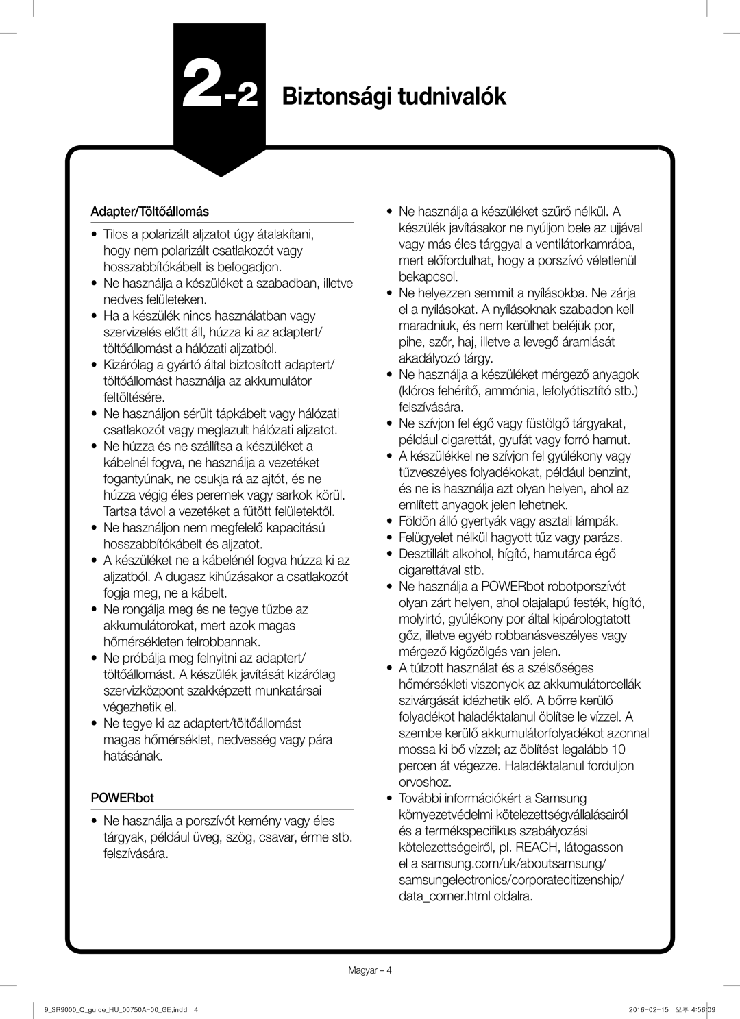 Samsung VR20J9040WG/GE manual 2Biztonsági tudnivalók, Adapter/Töltőállomás 