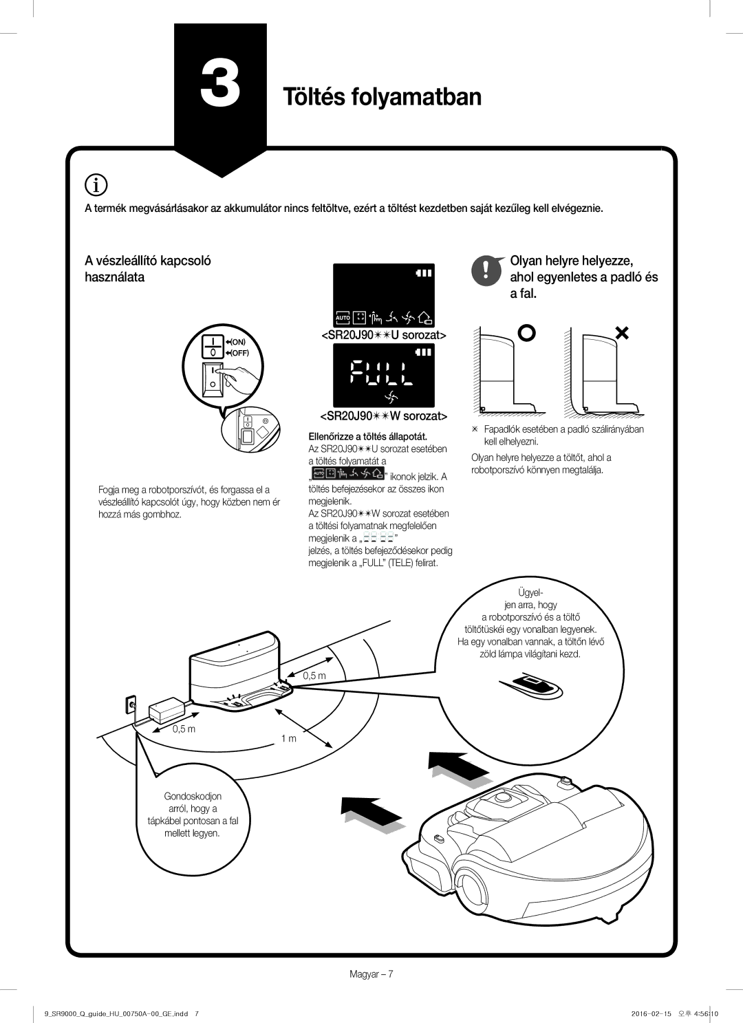 Samsung VR20J9040WG/GE manual Vészleállító kapcsoló Olyan helyre helyezze Használata, Fal, Ahol egyenletes a padló és 