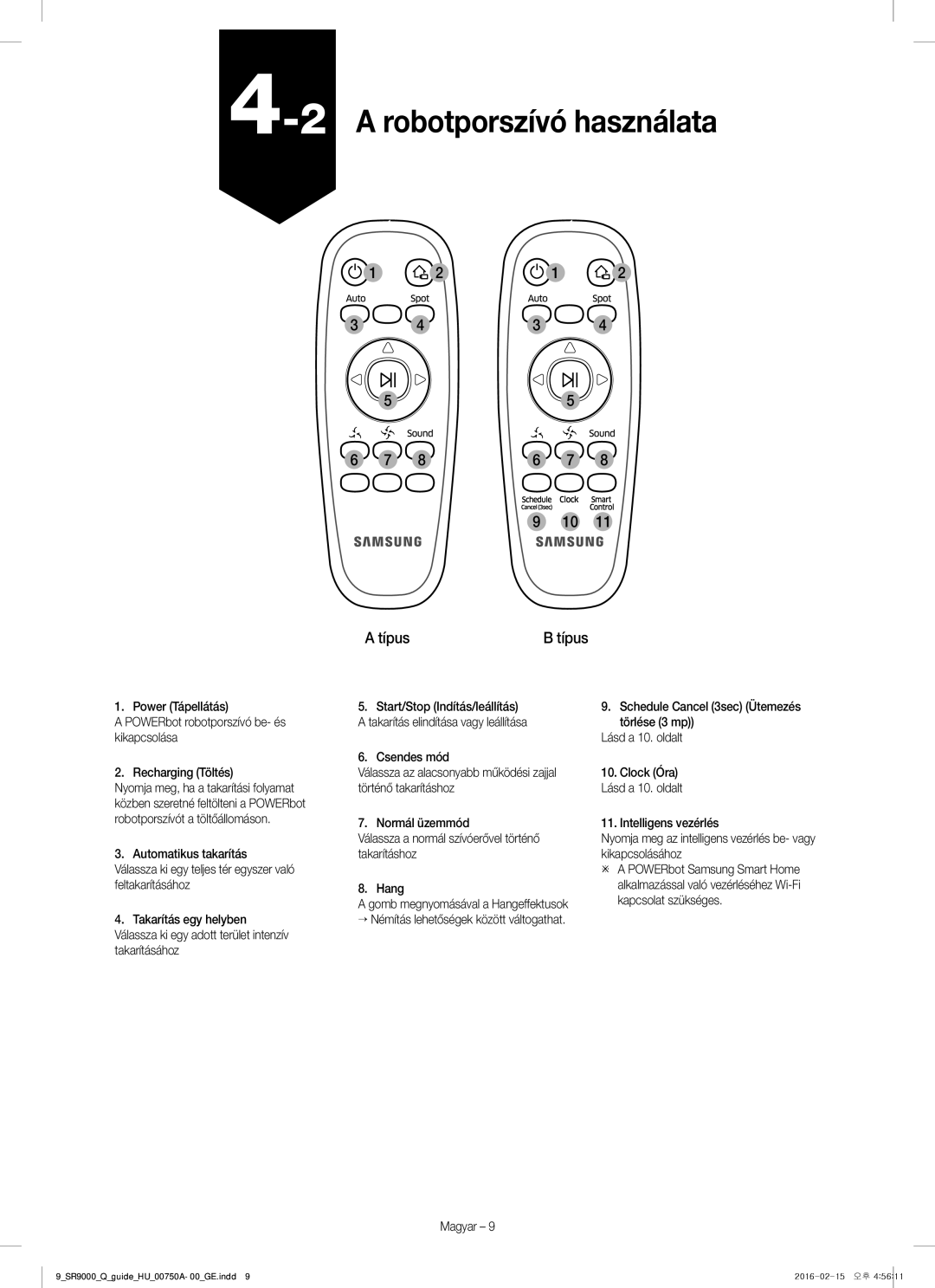 Samsung VR20J9040WG/GE manual 2A robotporszívó használata 