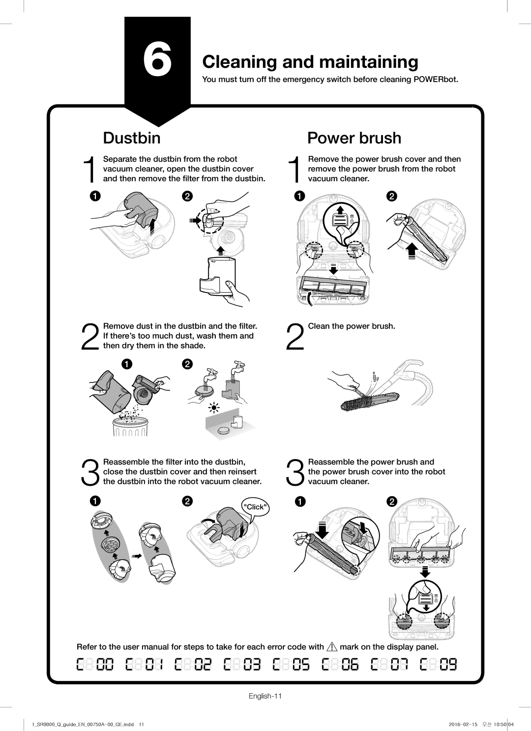 Samsung VR20J9040WG/GE manual Cleaning and maintaining, Dustbin Power brush, English-11 