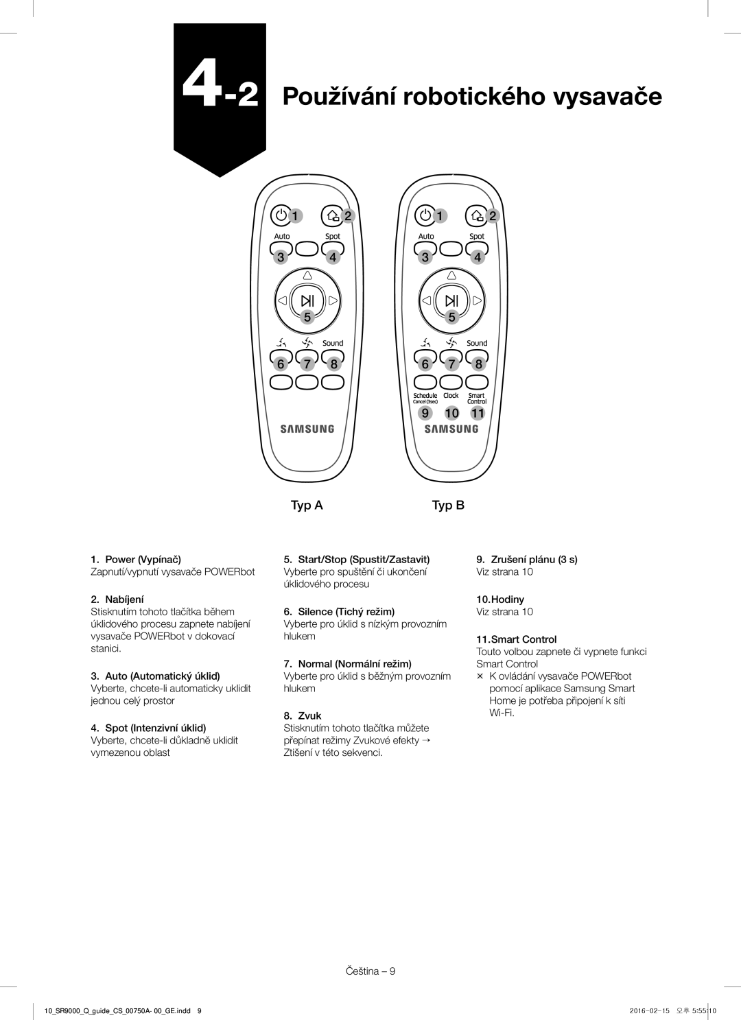 Samsung VR20J9040WG/GE manual 2Používání robotického vysavače, Typ a Typ B 