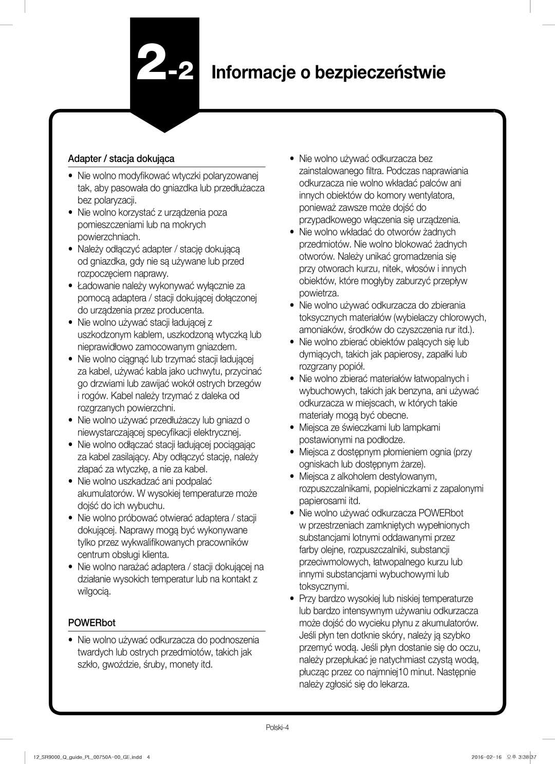 Samsung VR20J9040WG/GE manual 2Informacje o bezpieczeństwie, Polski-4 