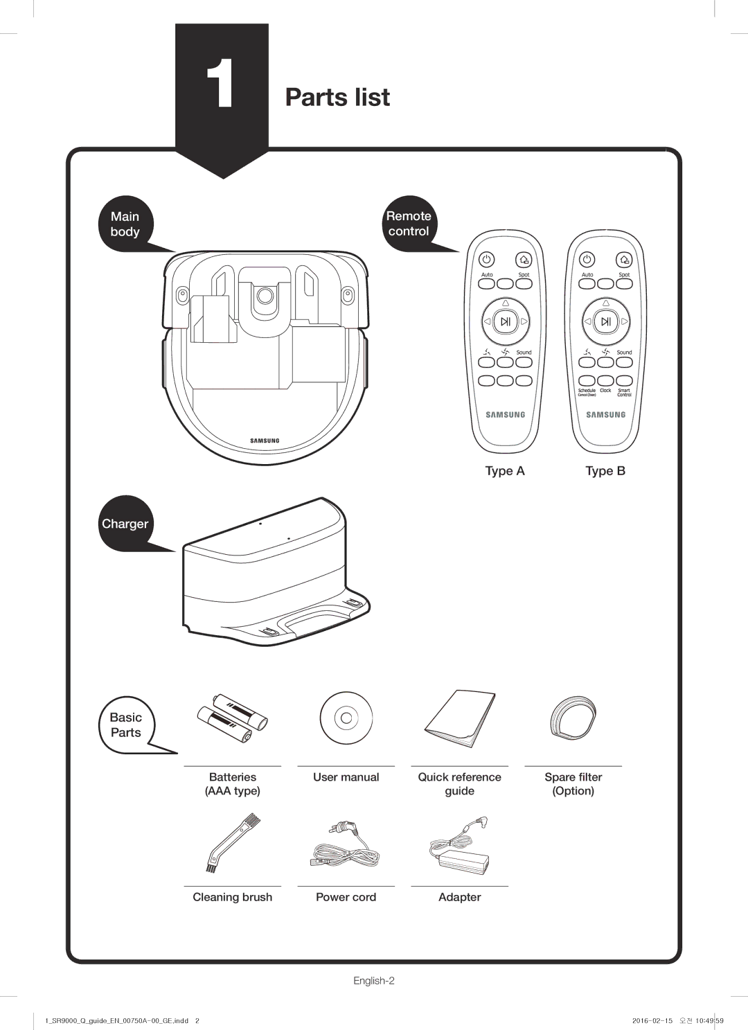 Samsung VR20J9040WG/GE manual Parts list, Main Remote Body Control, Type a Type B, Charger, Basic Parts 