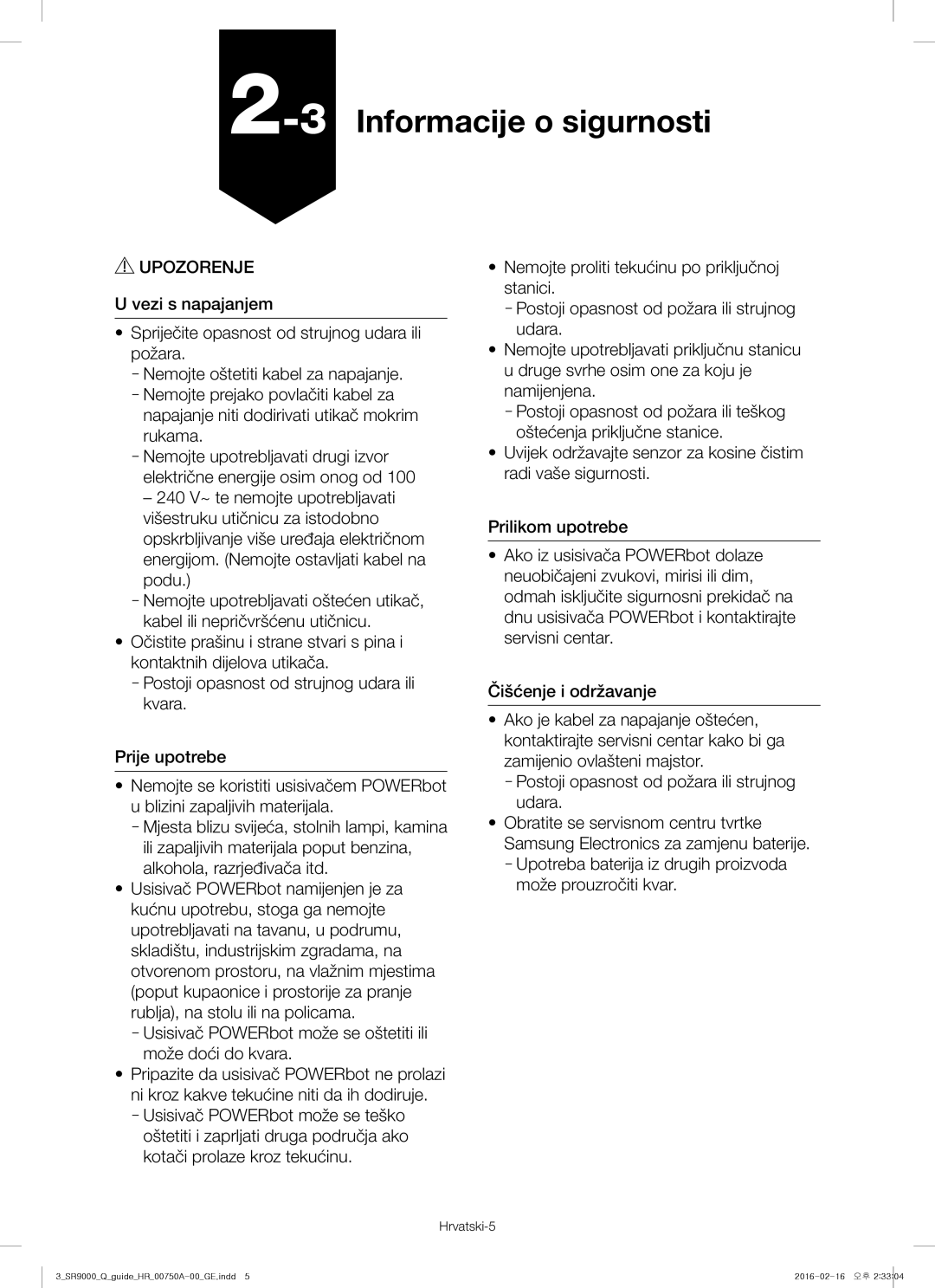 Samsung VR20J9040WG/GE manual 3Informacije o sigurnosti, Hrvatski-5 