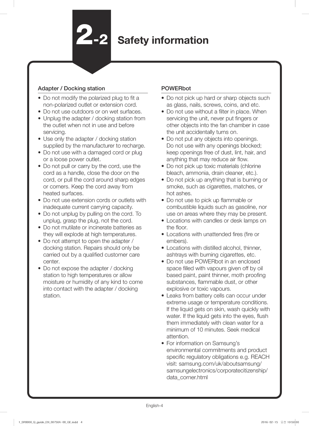 Samsung VR20J9040WG/GE manual 2Safety information, English-4 