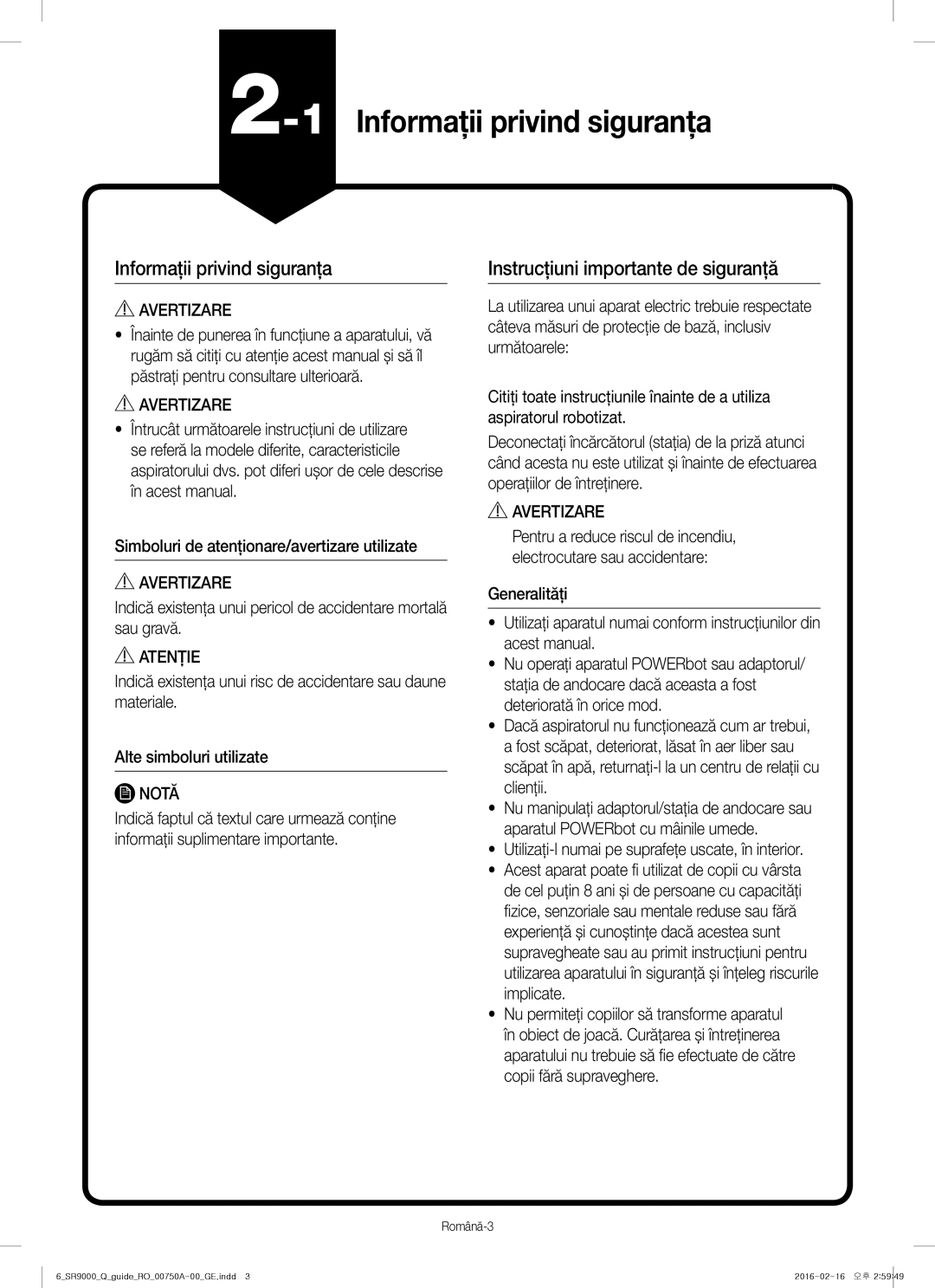 Samsung VR20J9040WG/GE manual 1Informaţii privind siguranţa, Instrucţiuni importante de siguranţă, Română-3 