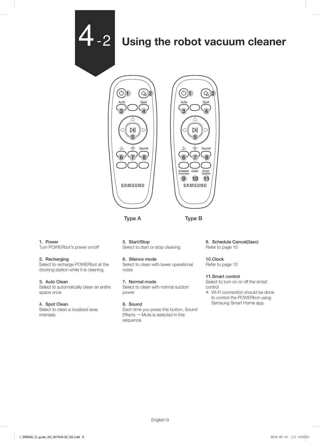 Samsung VR20J9040WG/GE manual 2Using the robot vacuum cleaner, To control the POWERbot using, Sequence English-9 