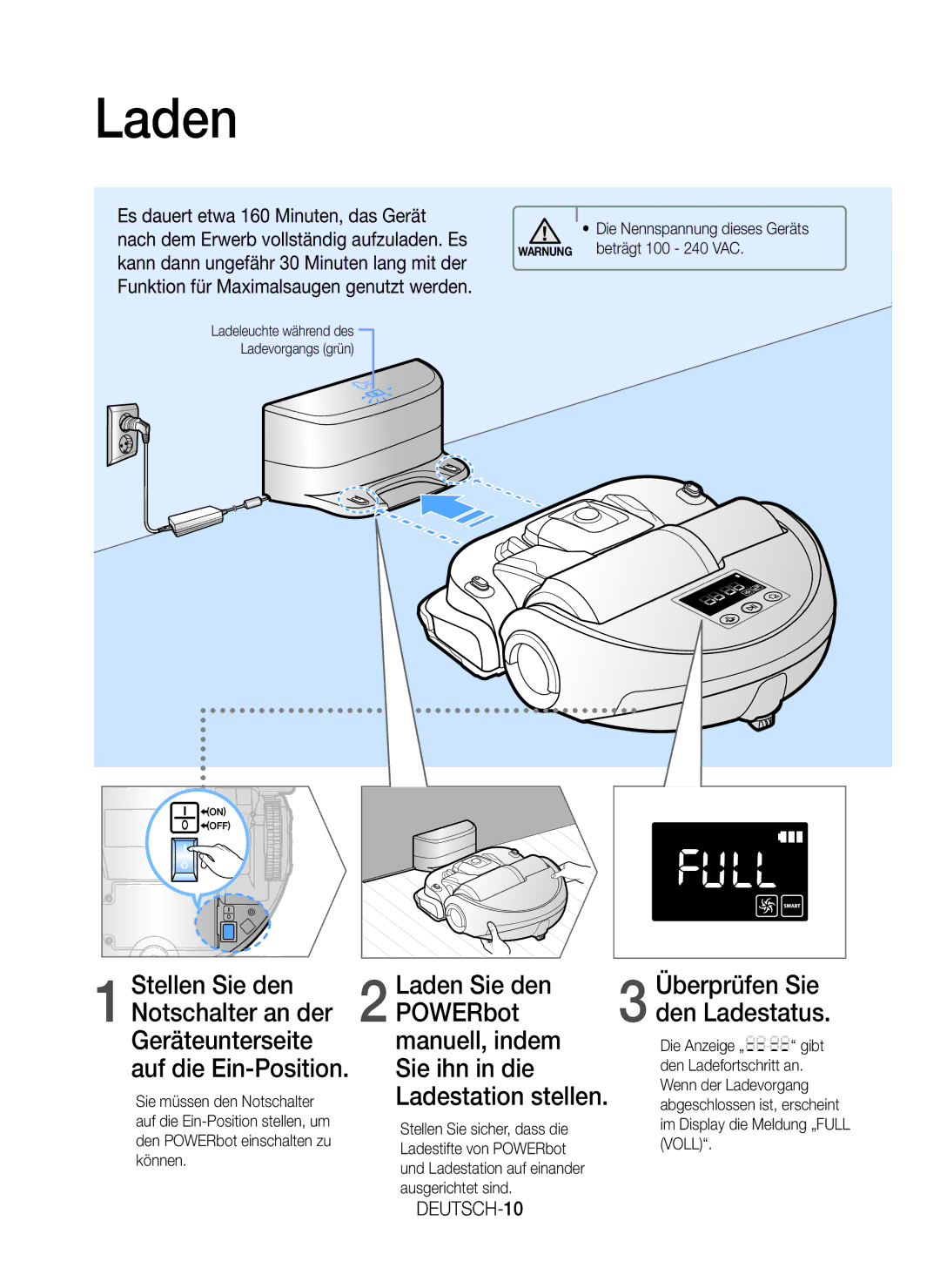 Samsung VR20J9259UC/EG manual Laden, DEUTSCH-10, Die Nennspannung dieses Geräts Warnung beträgt 100 240 VAC 