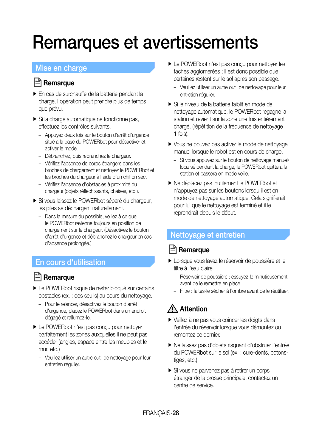 Samsung VR20J9259UC/EG manual Remarques et avertissements, Mise en charge, En cours dutilisation, Nettoyage et entretien 