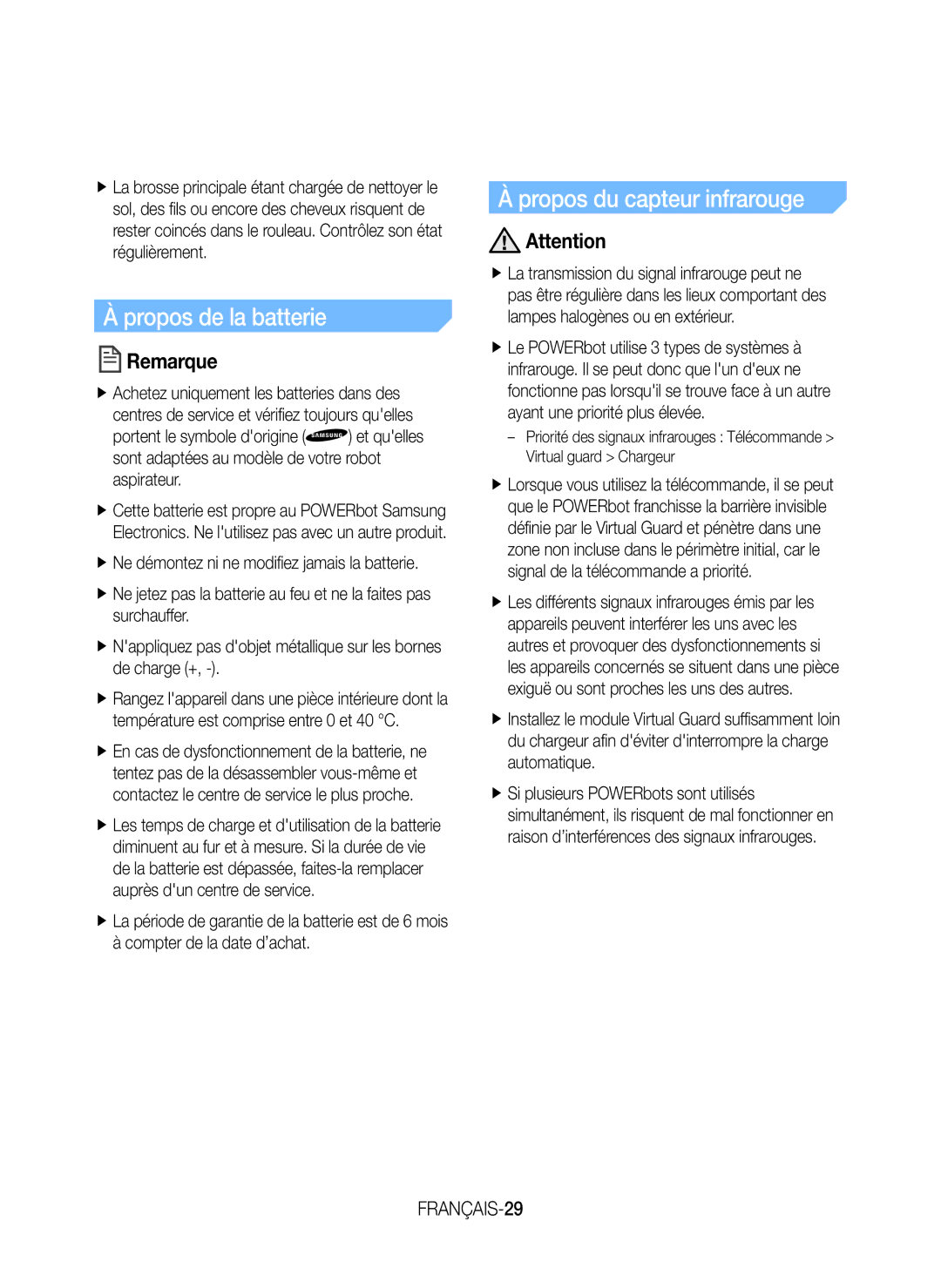 Samsung VR20J9259UC/EG manual Propos de la batterie, Propos du capteur infrarouge, FRANÇAIS-29 