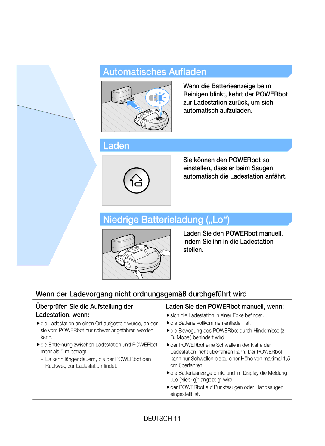 Samsung VR20J9259UC/EG manual Automatisches Aufladen, Niedrige Batterieladung „Lo, DEUTSCH-11 