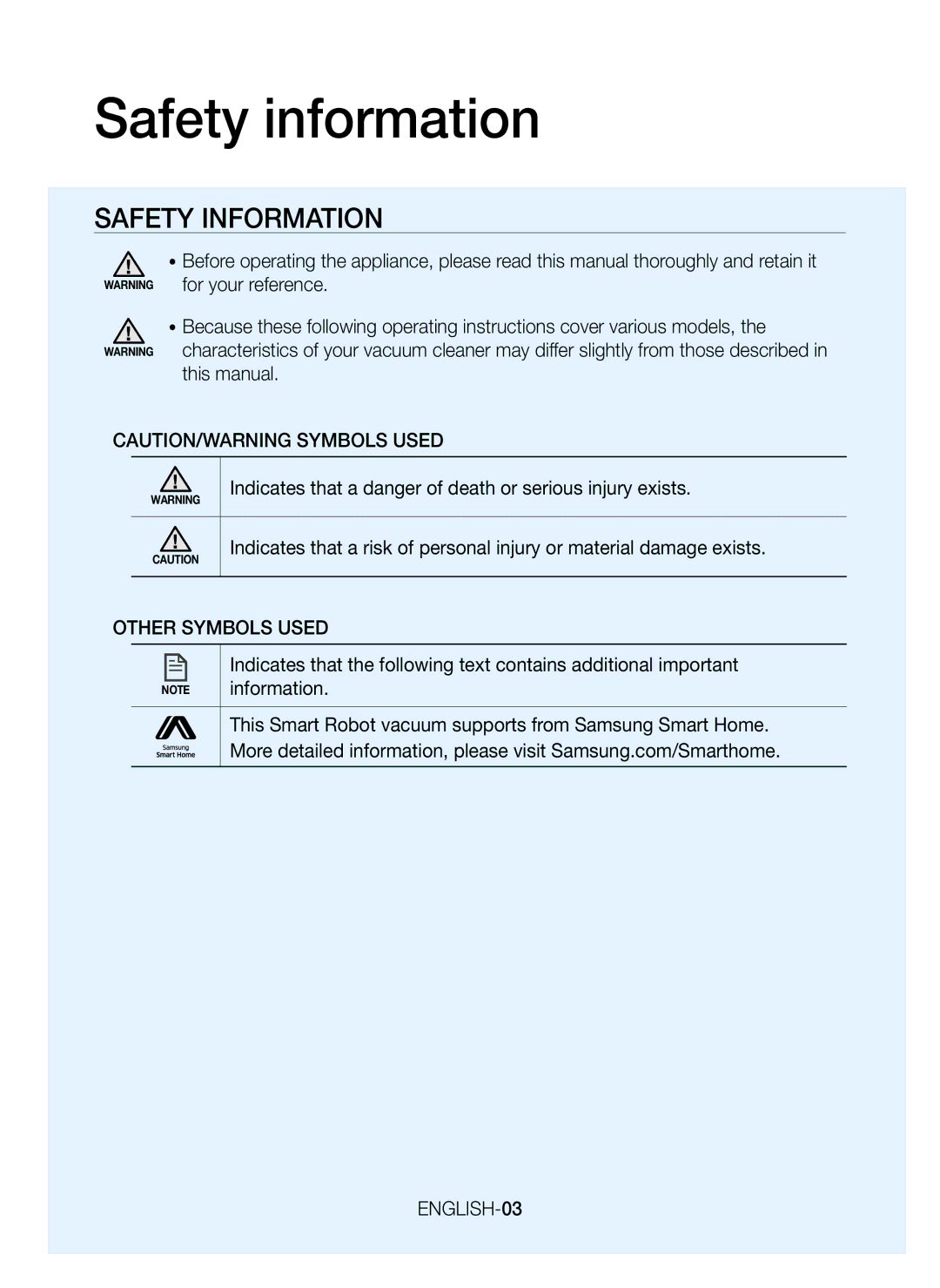 Samsung VR20J9259UC/EG manual Safety information, Information, ENGLISH-03 