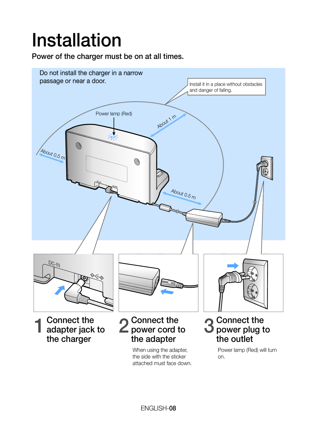 Samsung VR20J9259UC/EG manual Power of the charger must be on at all times, ENGLISH-08, Power lamp Red will turn on 