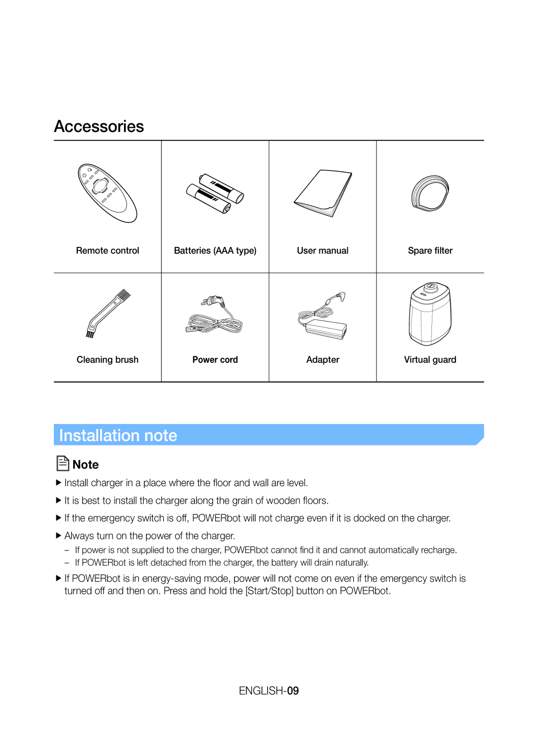 Samsung VR20J9259UC/EG manual Accessories, Installation note, ENGLISH-09 