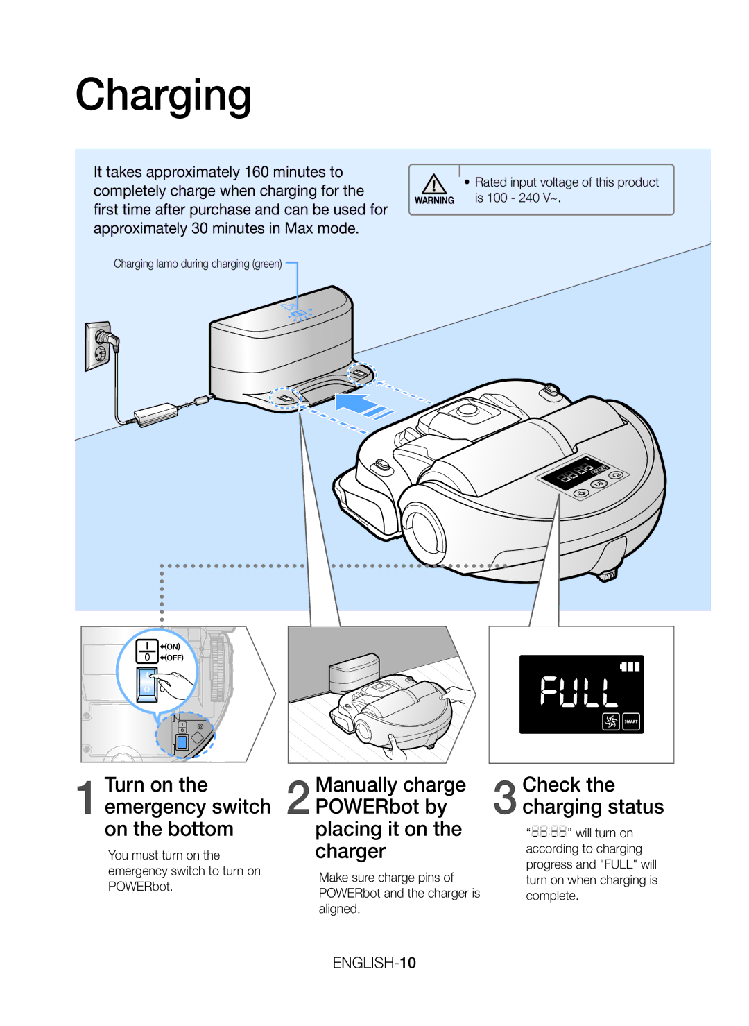 Samsung VR20J9259UC/EG manual Charging, ENGLISH-10, Rated input voltage of this product is 100 240 V~ 