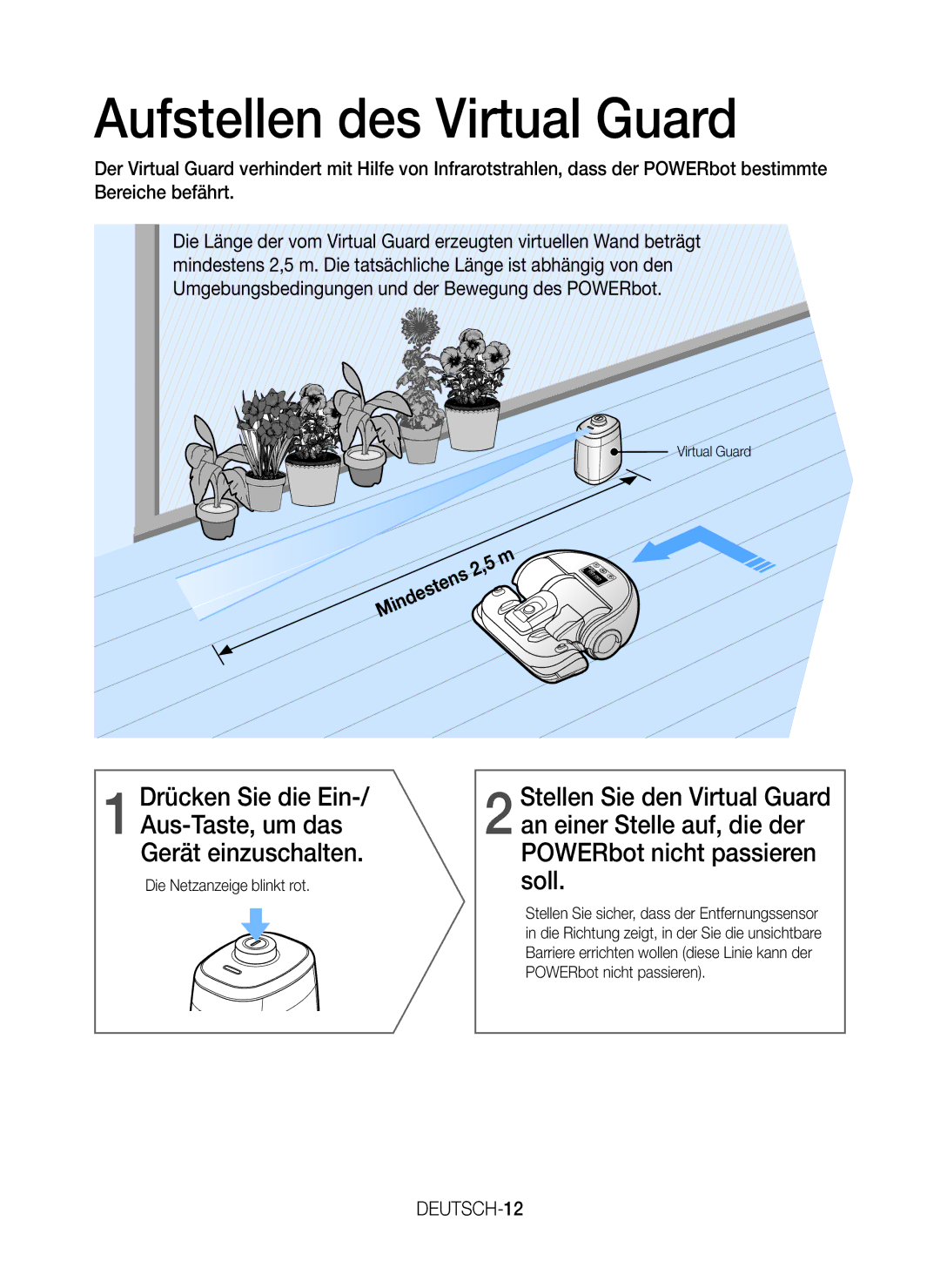 Samsung VR20J9259UC/EG manual Aufstellen des Virtual Guard, DEUTSCH-12, Die Netzanzeige blinkt rot 