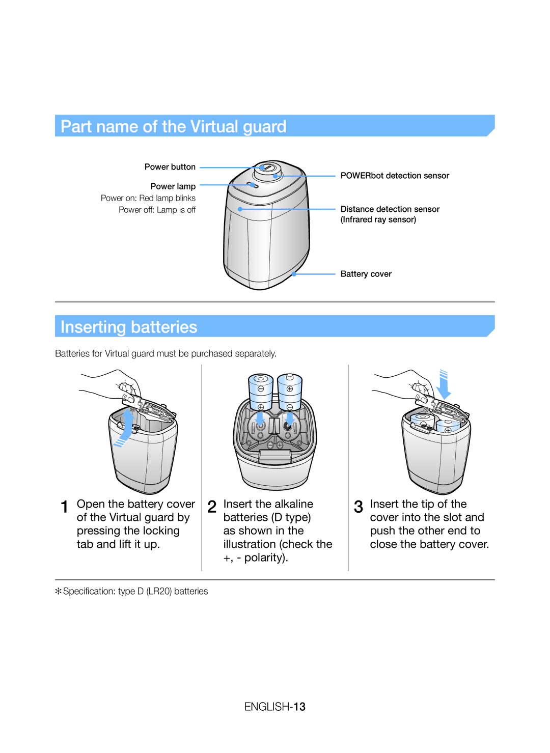 Samsung VR20J9259UC/EG manual Part name of the Virtual guard, Inserting batteries, ENGLISH-13 