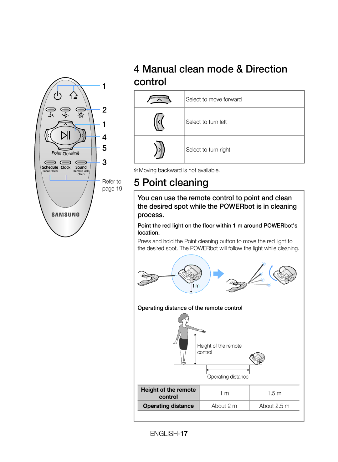 Samsung VR20J9259UC/EG manual Manual clean mode & Direction control, Point cleaning, ENGLISH-17, Refer to 