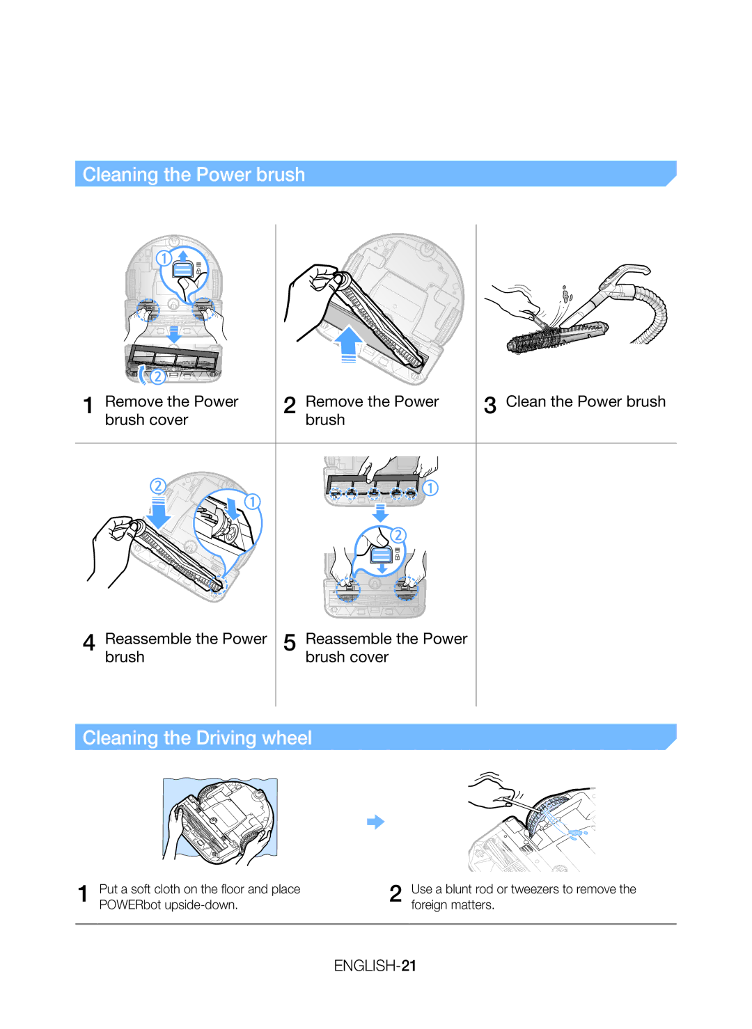 Samsung VR20J9259UC/EG manual Cleaning the Power brush, Cleaning the Driving wheel, Reassemble the Power Brush Brush cover 