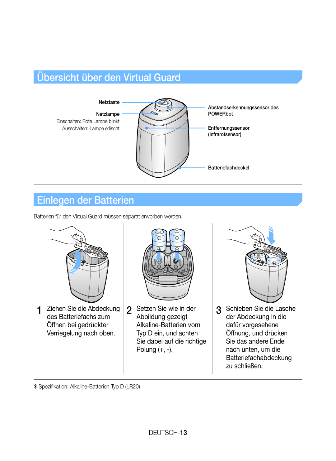 Samsung VR20J9259UC/EG Übersicht über den Virtual Guard, Einlegen der Batterien, Ziehen Sie die Abdeckung, DEUTSCH-13 