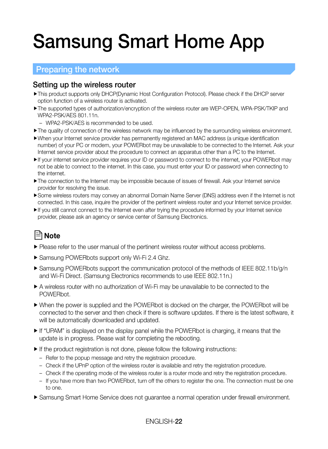 Samsung VR20J9259UC/EG manual Samsung Smart Home App, Preparing the network, Setting up the wireless router, ENGLISH-22 