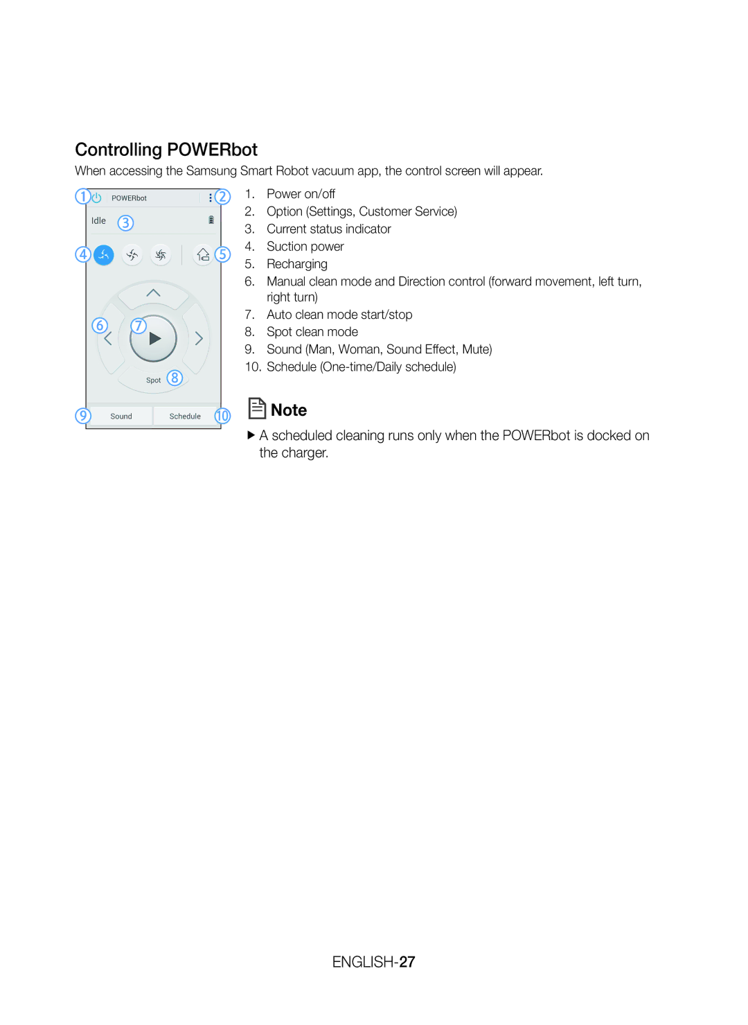 Samsung VR20J9259UC/EG manual Controlling POWERbot, ENGLISH-27 