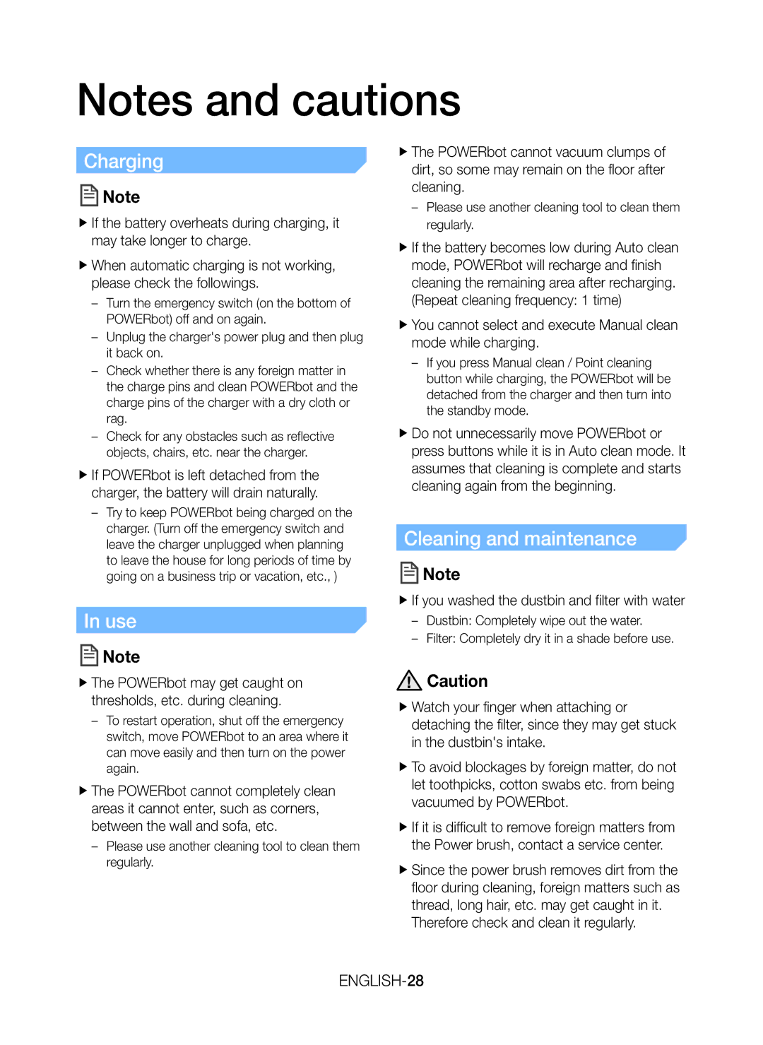 Samsung VR20J9259UC/EG manual Charging, Use, Cleaning and maintenance, ENGLISH-28 