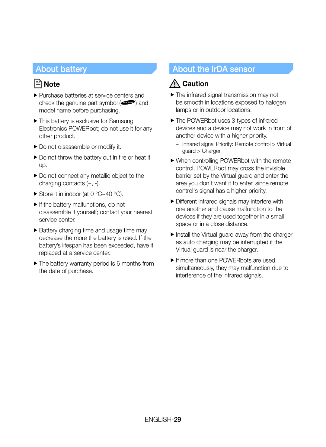 Samsung VR20J9259UC/EG manual About battery, About the IrDA sensor, ENGLISH-29 