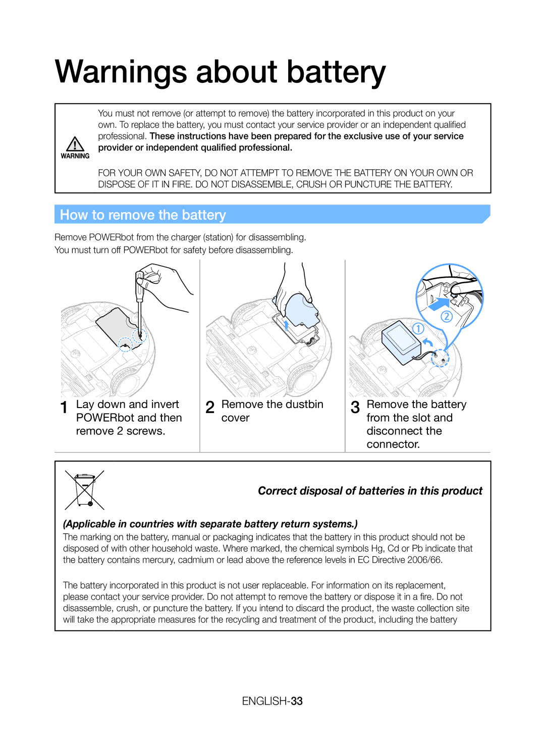 Samsung VR20J9259UC/EG manual How to remove the battery, ENGLISH-33 