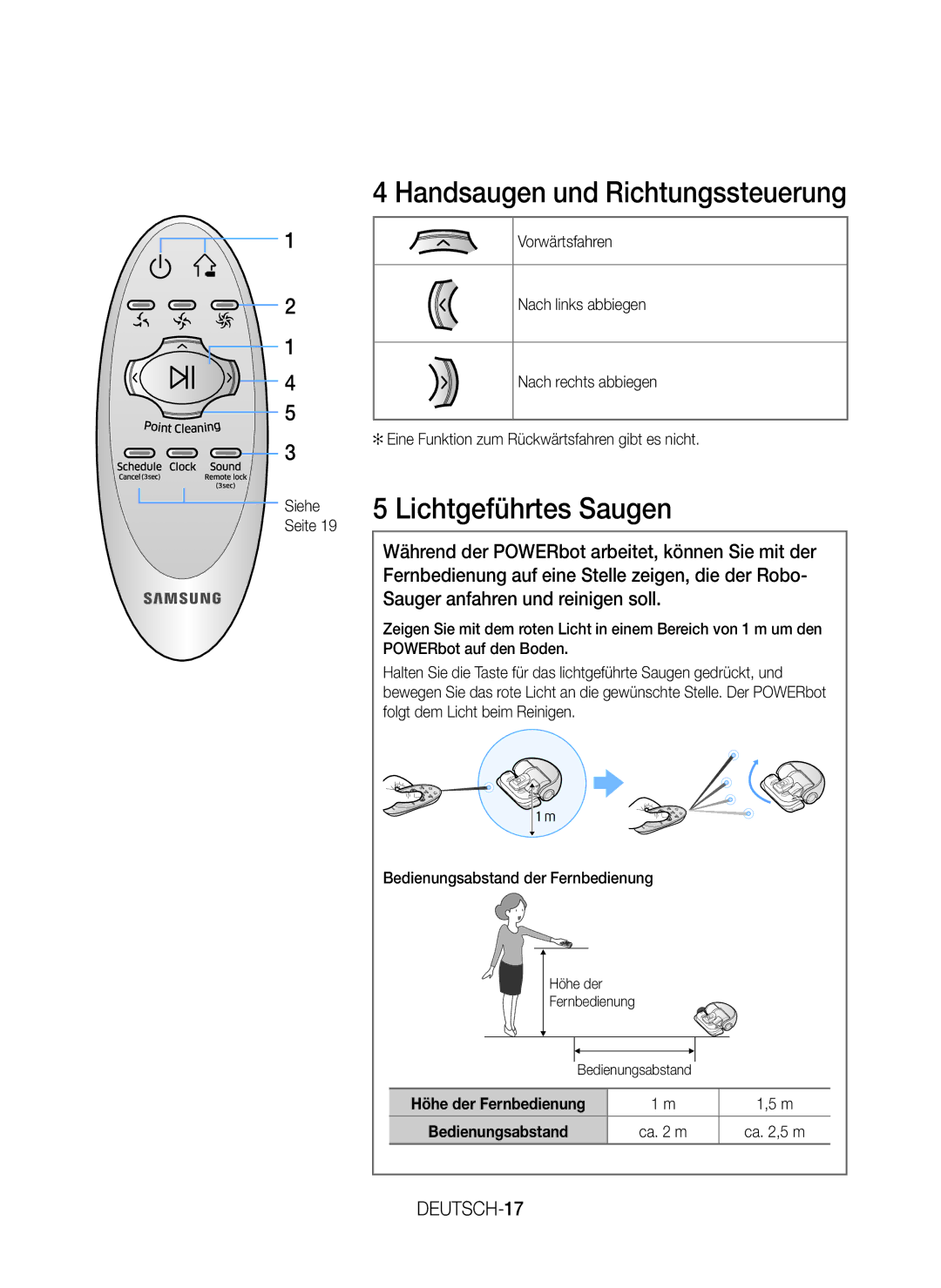 Samsung VR20J9259UC/EG manual Handsaugen und Richtungssteuerung, Lichtgeführtes Saugen, DEUTSCH-17, Siehe Seite 