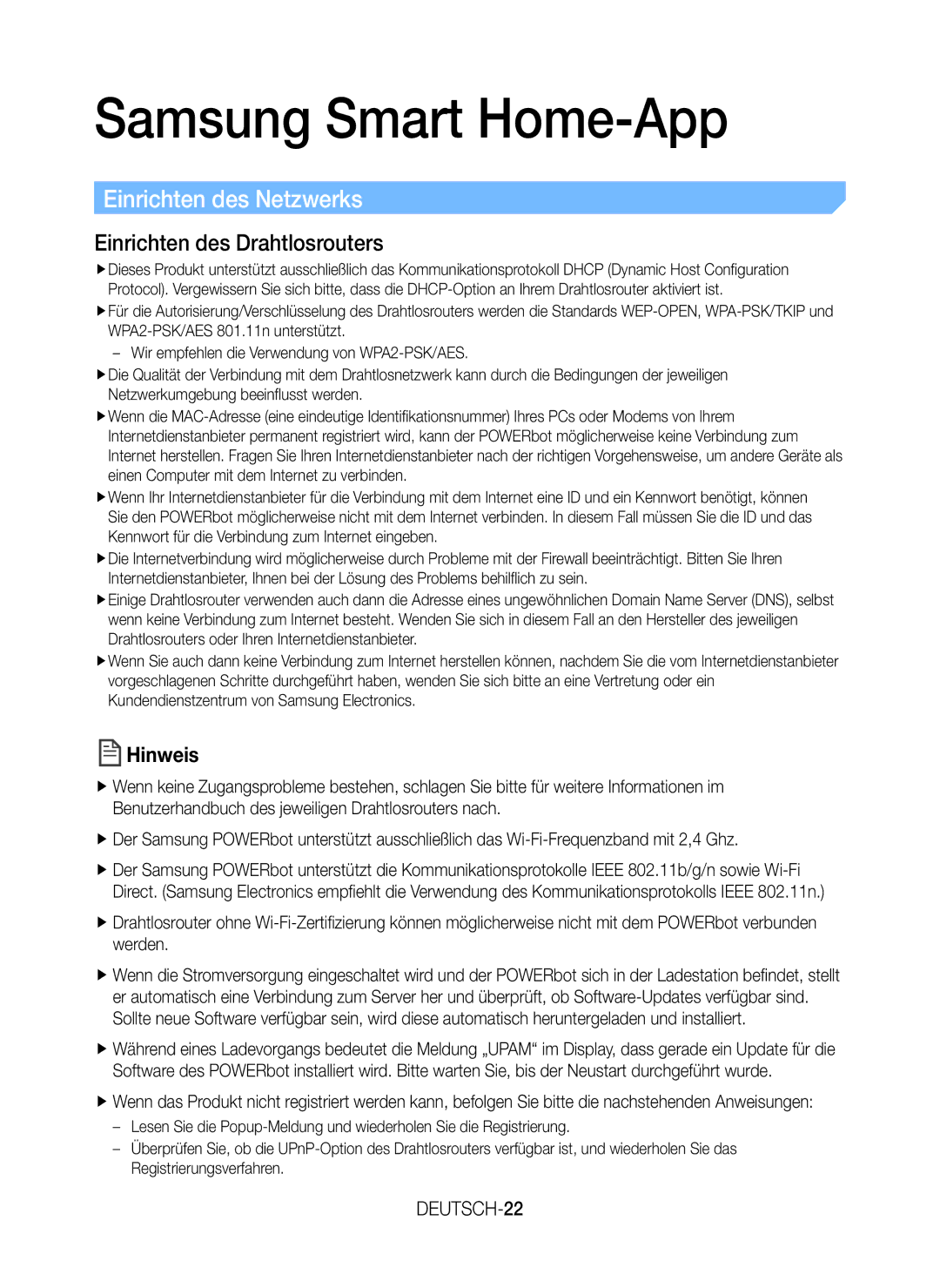 Samsung VR20J9259UC/EG manual Samsung Smart Home-App, Einrichten des Netzwerks, Einrichten des Drahtlosrouters, DEUTSCH-22 