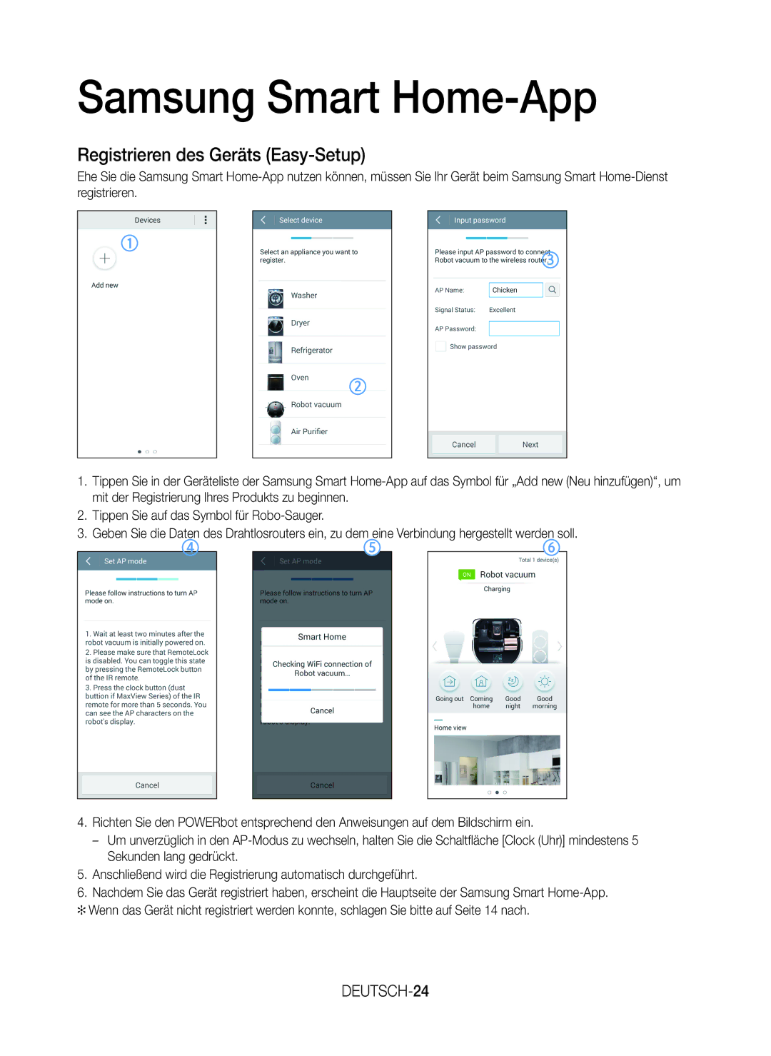 Samsung VR20J9259UC/EG manual Registrieren des Geräts Easy-Setup, DEUTSCH-24 