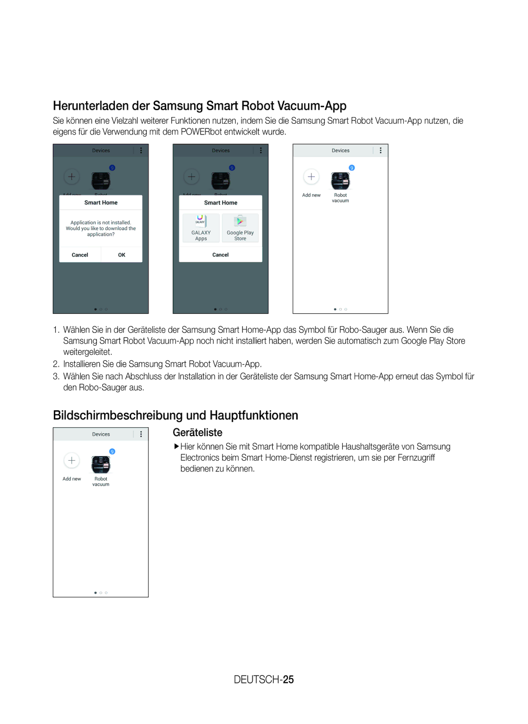 Samsung VR20J9259UC/EG manual Herunterladen der Samsung Smart Robot Vacuum-App, Bildschirmbeschreibung und Hauptfunktionen 