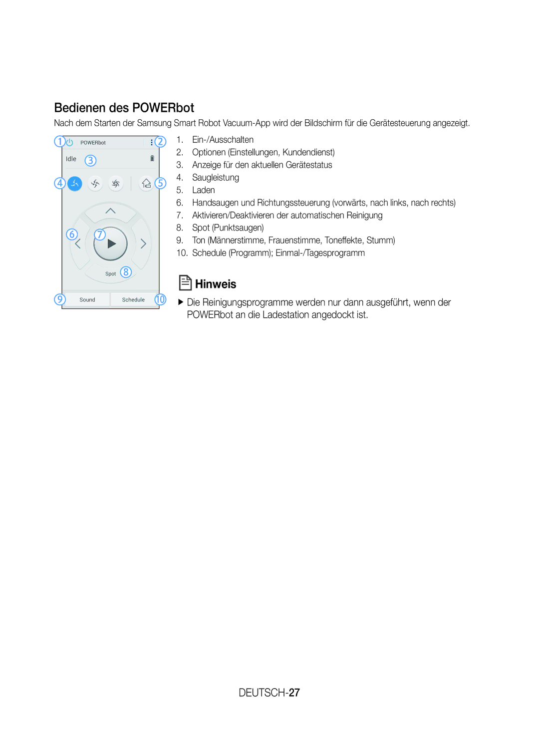 Samsung VR20J9259UC/EG manual Bedienen des POWERbot, DEUTSCH-27 