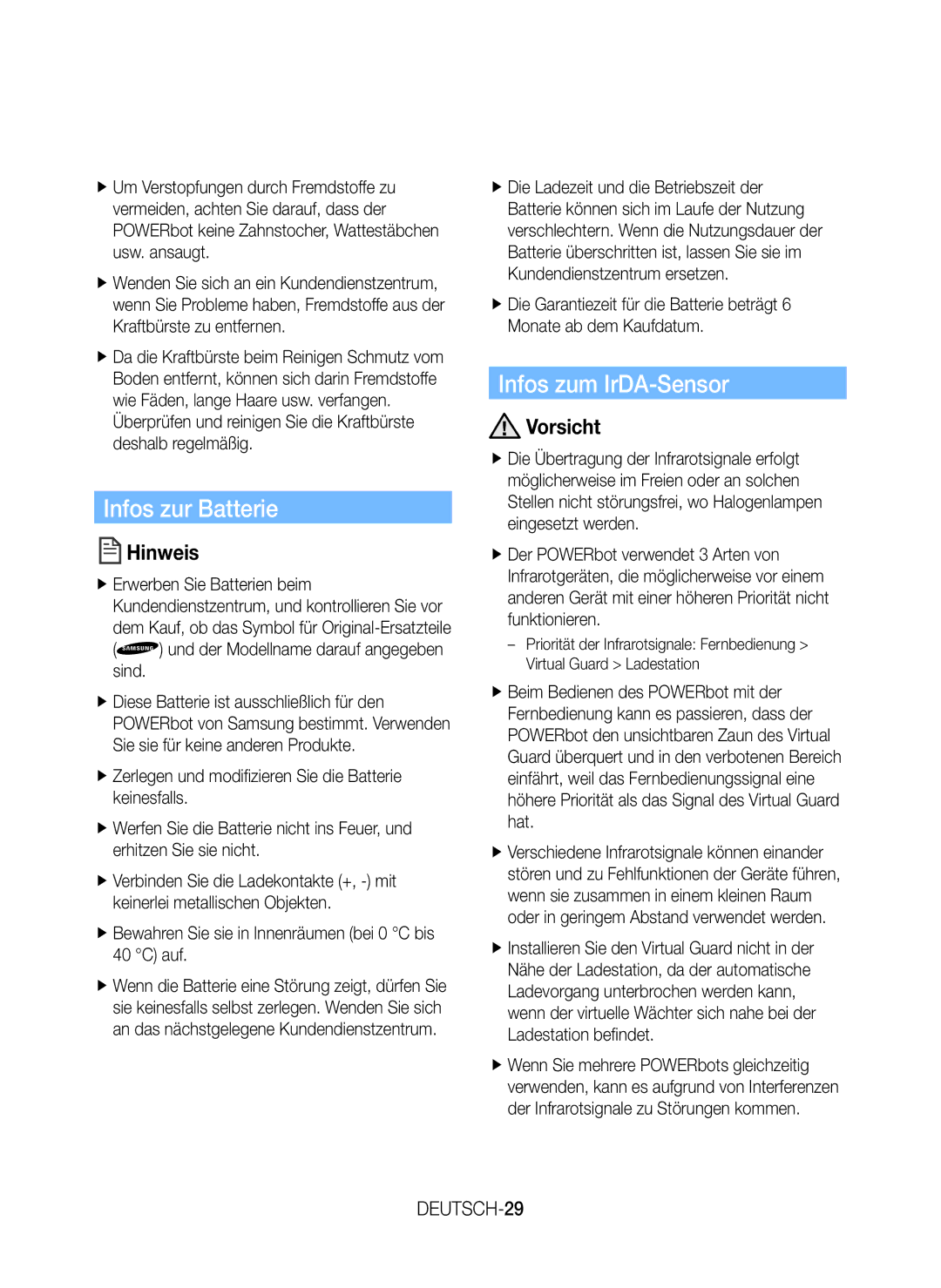 Samsung VR20J9259UC/EG manual Infos zur Batterie, Infos zum IrDA-Sensor, DEUTSCH-29 