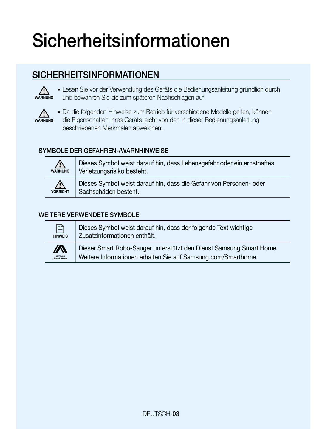 Samsung VR20J9259UC/EG manual Sicherheitsinformationen, Symbole DER GEFAHREN-/WARNHINWEISE, Weitere Verwendete Symbole 