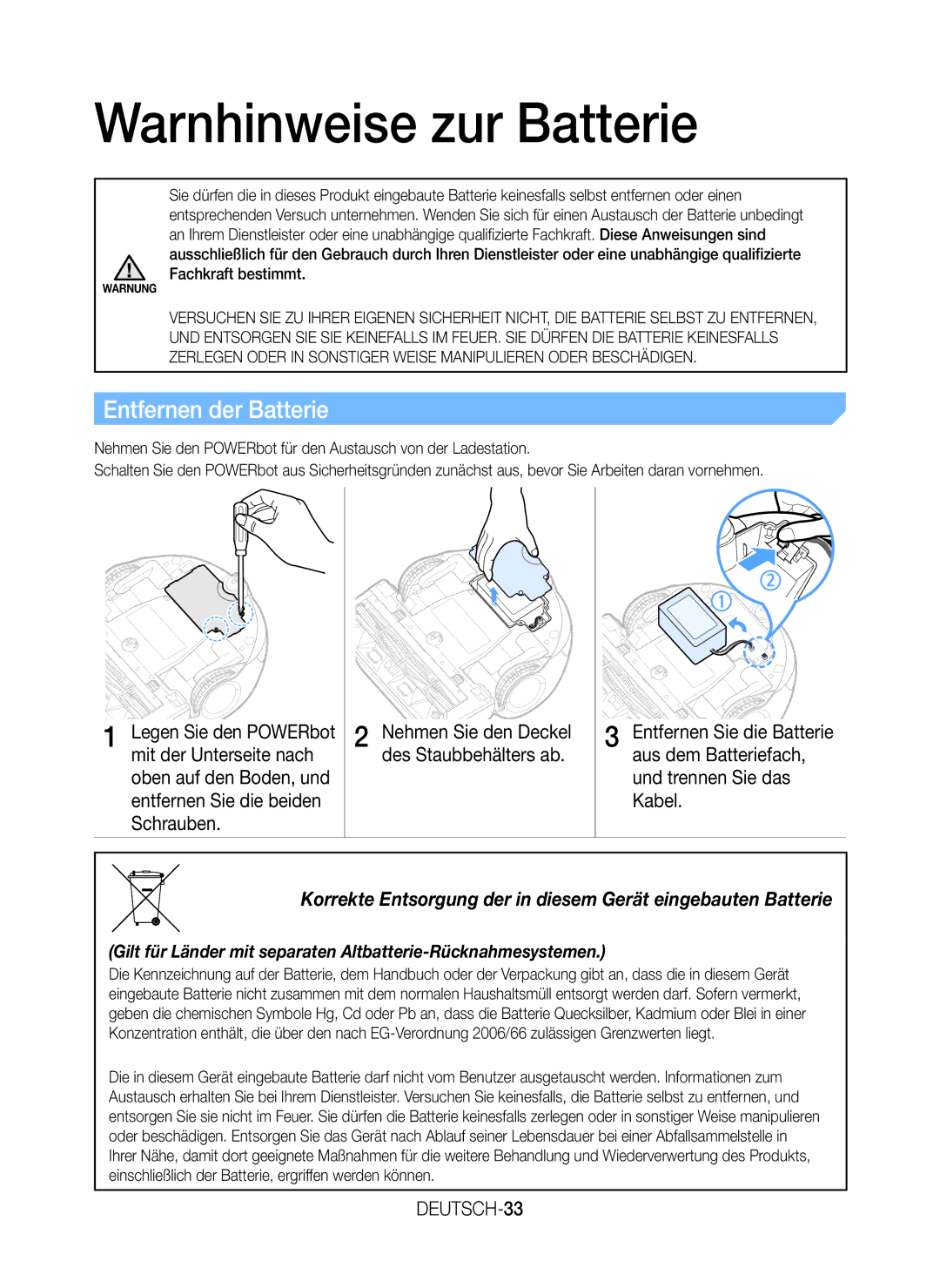 Samsung VR20J9259UC/EG manual Warnhinweise zur Batterie, Entfernen der Batterie, DEUTSCH-33 