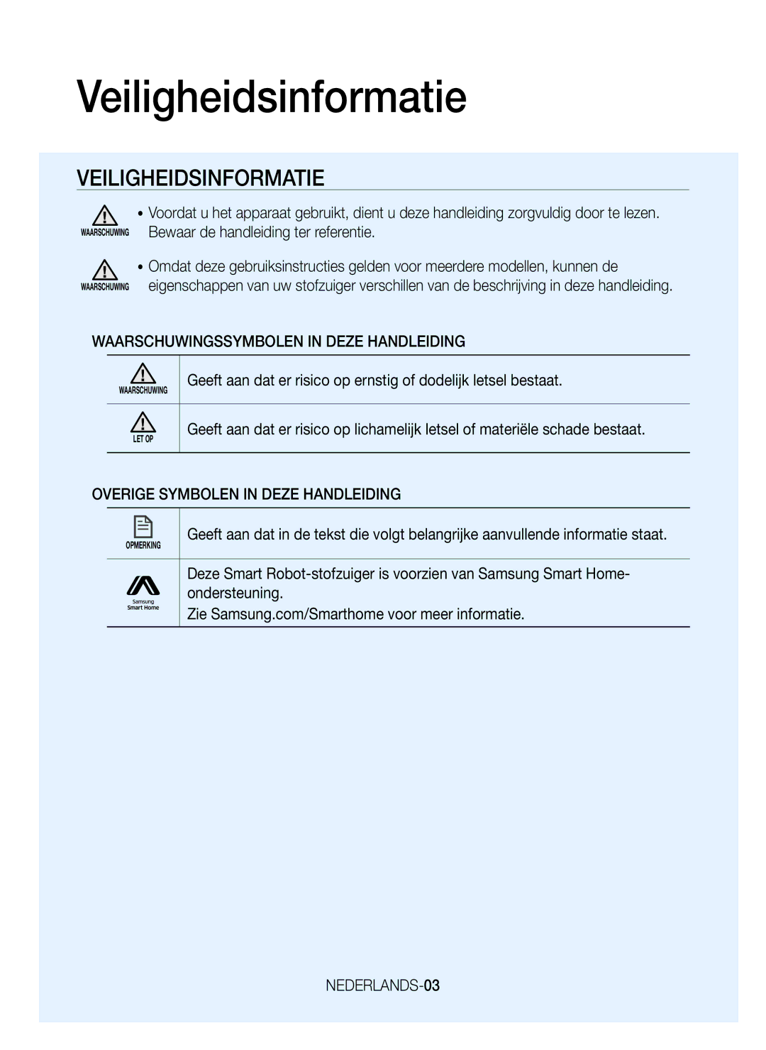 Samsung VR20J9259UC/EG manual Veiligheidsinformatie, Waarschuwingssymbolen in Deze Handleiding, NEDERLANDS-03 