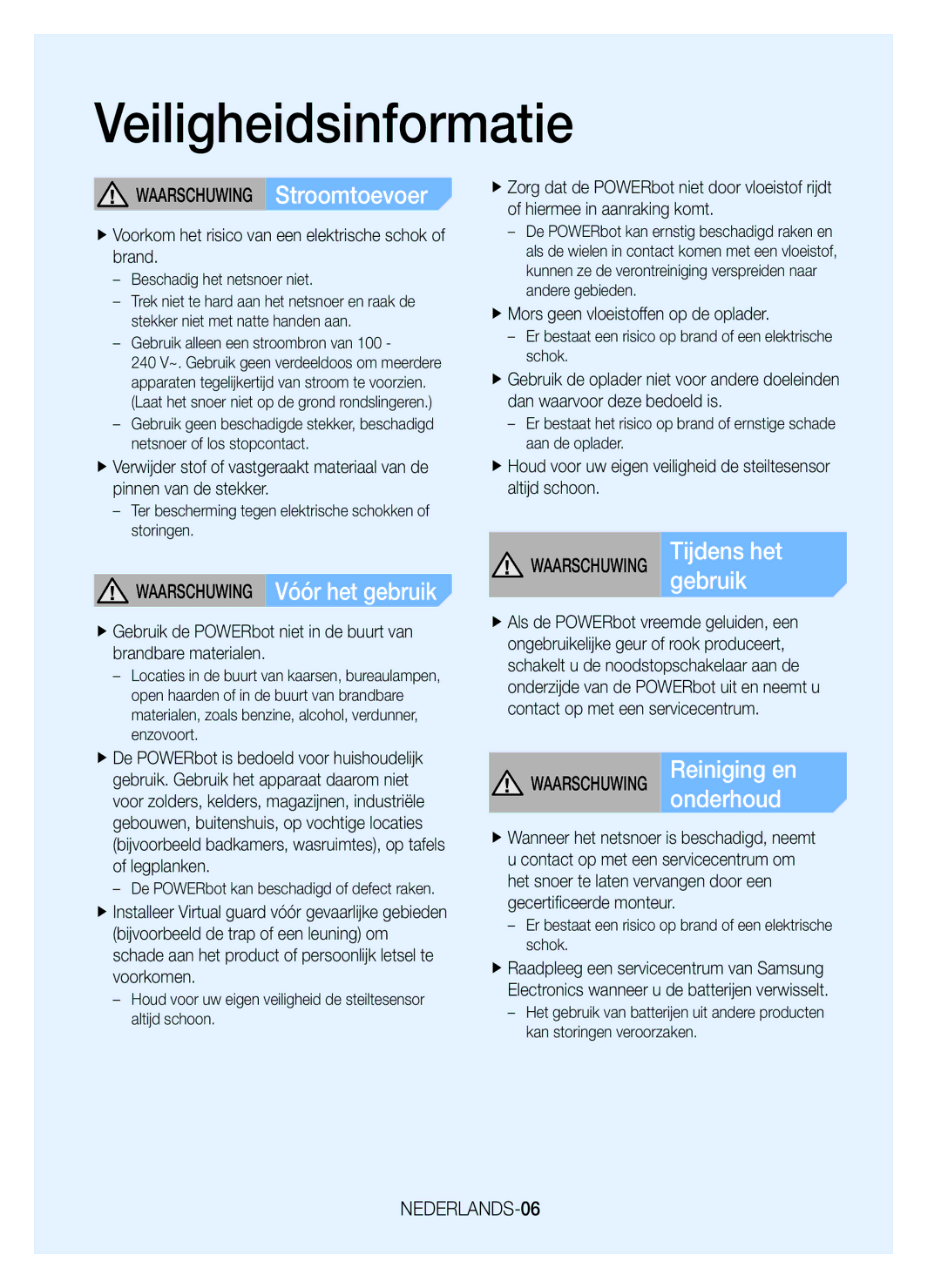 Samsung VR20J9259UC/EG manual Waarschuwing Vóór het gebruik, Gebruik, Onderhoud, NEDERLANDS-06 